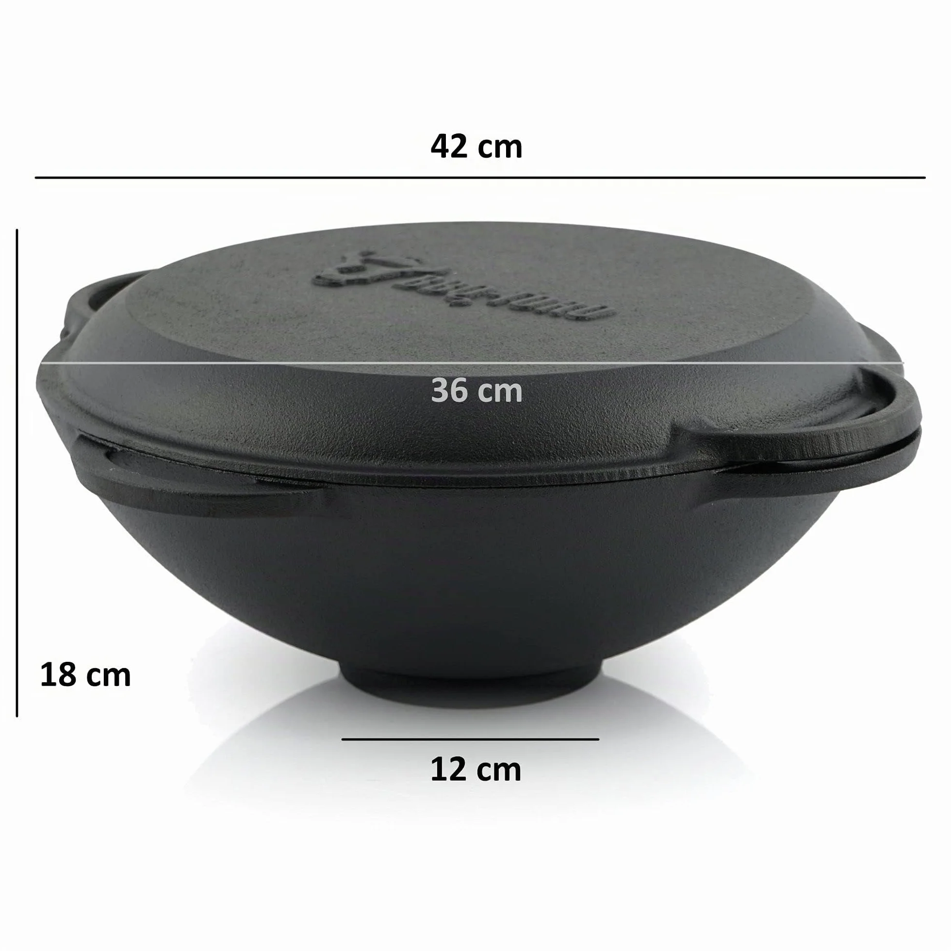 BBQ-Toro Kazan | Cocotte en fonte avec couvercle | Casserole traditionnelle en fonte | Avec fond aplati | Wok noir (12,1 litres)
