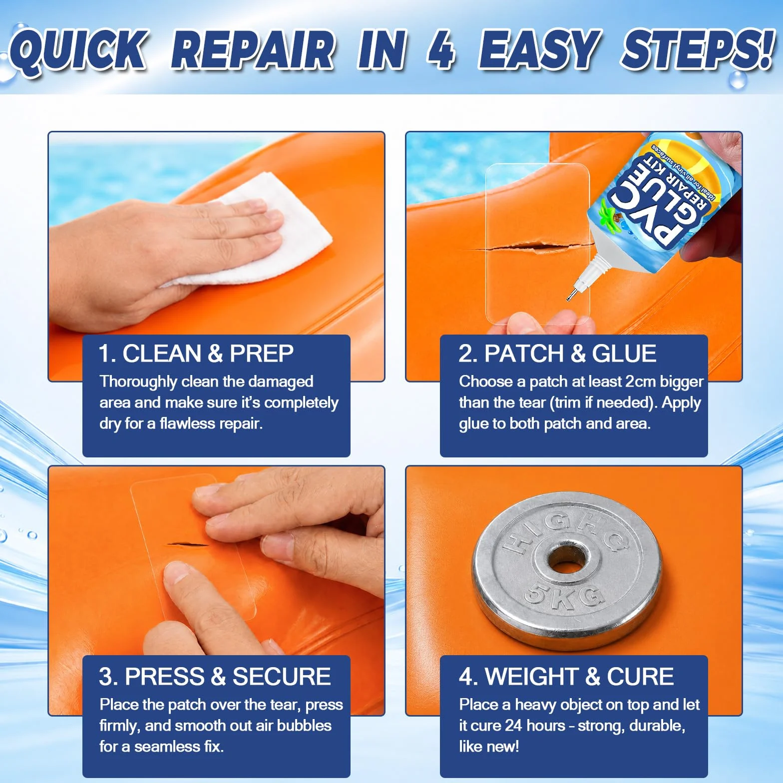 Vigorder Kit Réparation Piscine 60ml, Patch Vinyle Étanche pour Gonflables PVC