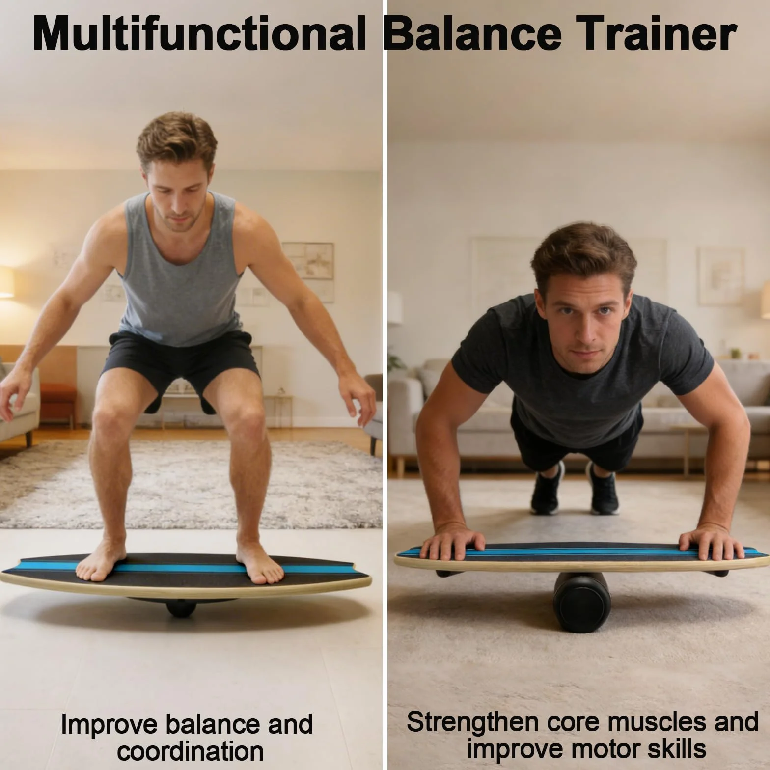 Planche d'équilibre en bois 7 en 1 avec rouleau et ballon - Entraînement surf adulte