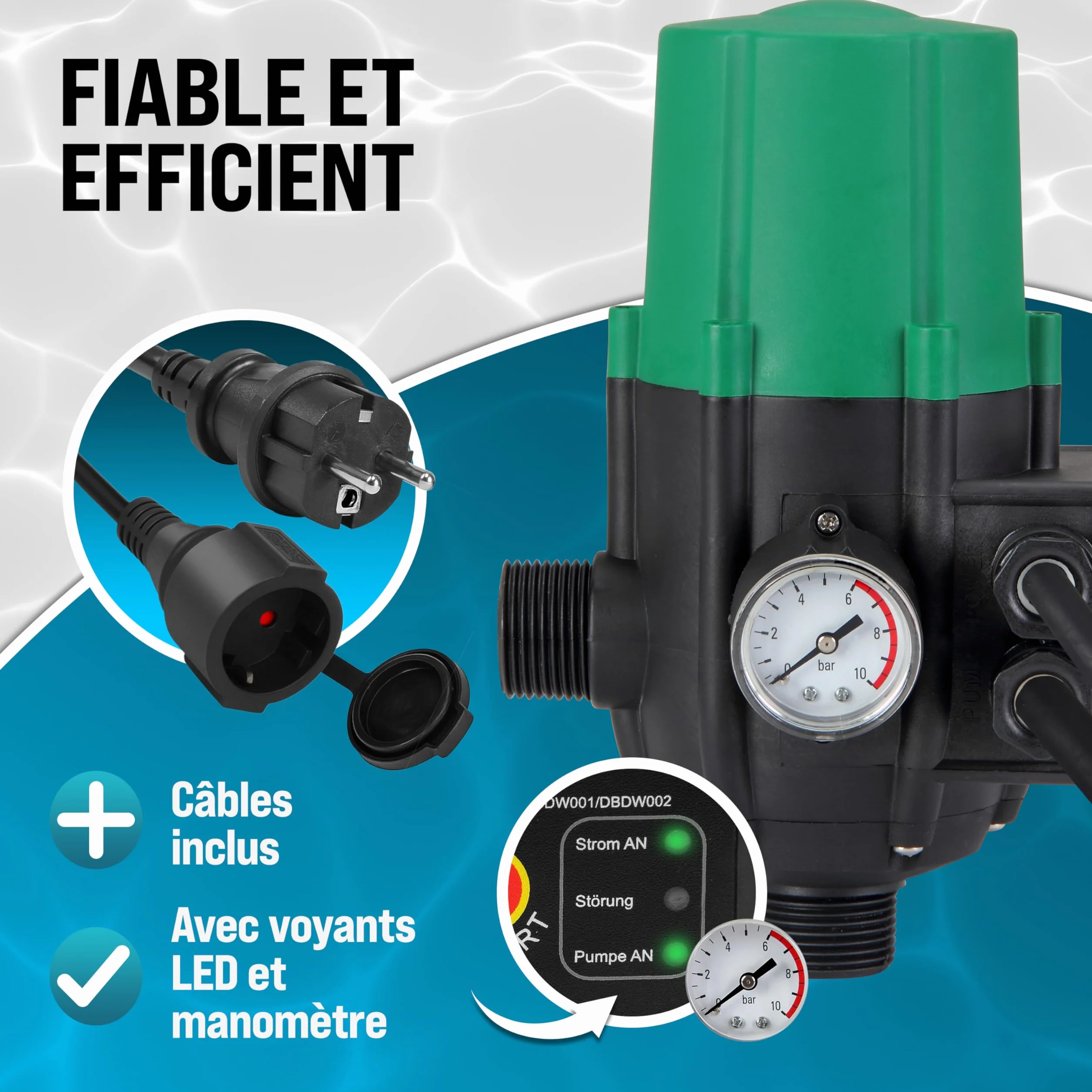 MONZANA Pressostat pompe eau 10 bar protection fonctionnement à sec manomètre interrupteur pression