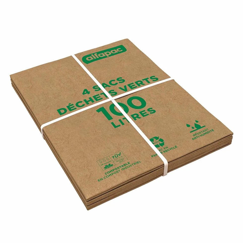 Sacs Déchets Verts en Papier Kraft Compostables Fond Plat 4 x 100L