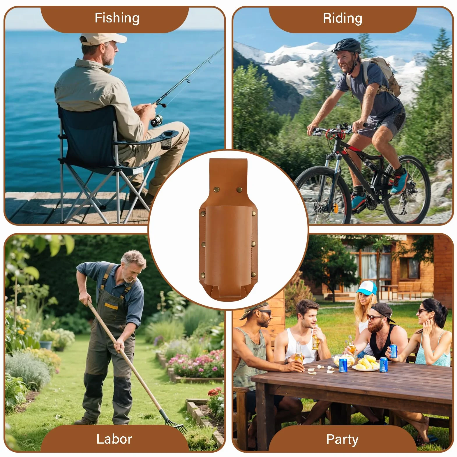 Ceinture de Bière en Cuir Porte Bouteille pour Ceinture, Support Canette et Bouteille Portable, Accessoire Mains Libres pour Voyage Randonnée Barbecue Fête Cadeau pour Homme, Marron