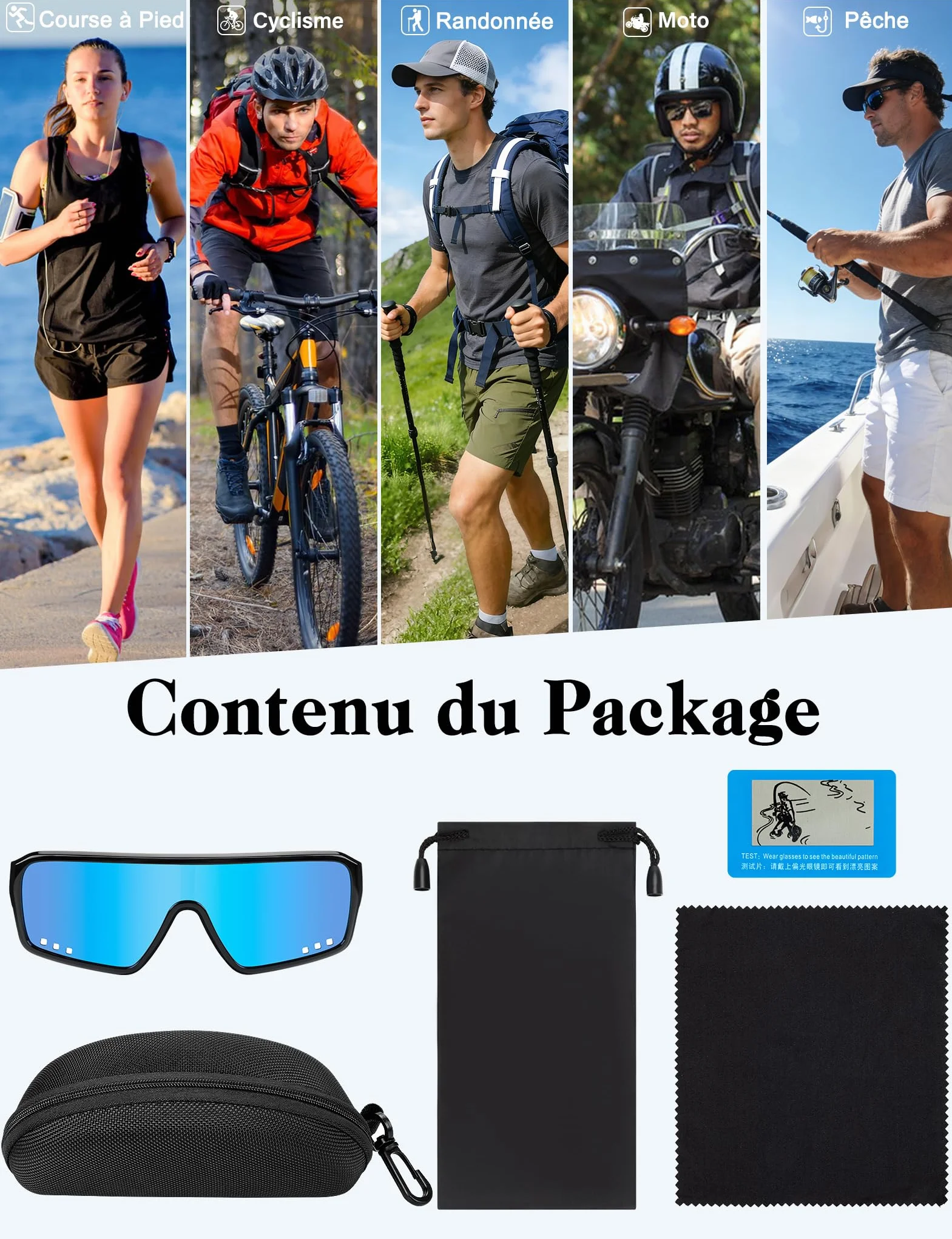MELLIEX Lunettes de Soleil Polarisées Sport, Lunettes de Cyclisme Ultra-Légères TR90 Protection UV400, Surlunette de Soleil Homme Femme pour Vélo VTT Pêche Course et Sports de Plein Air