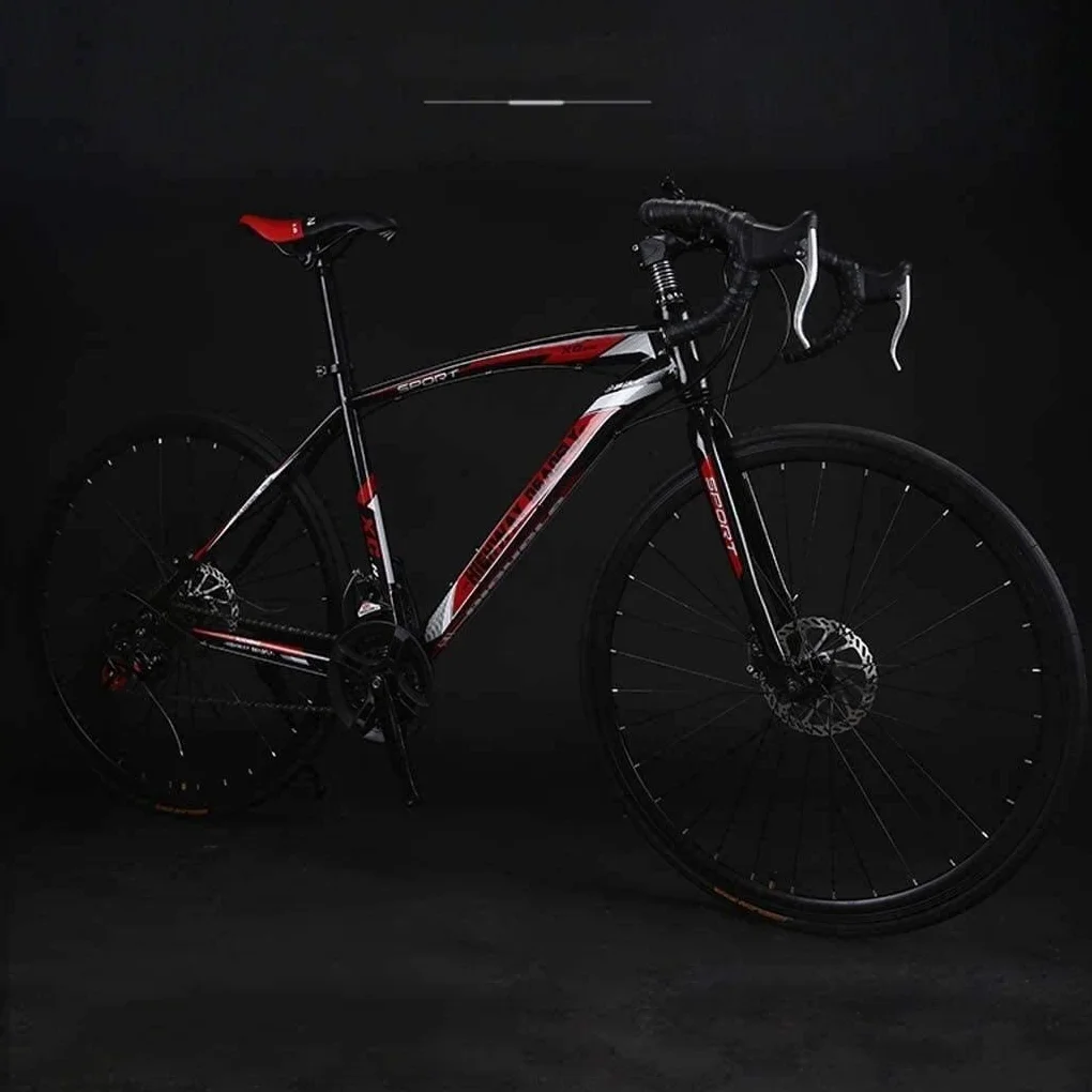 Vélo de Route 26 Pouces 24 Vitesses, Double Frein à Disque, Cadre Acier Carbone Rouge