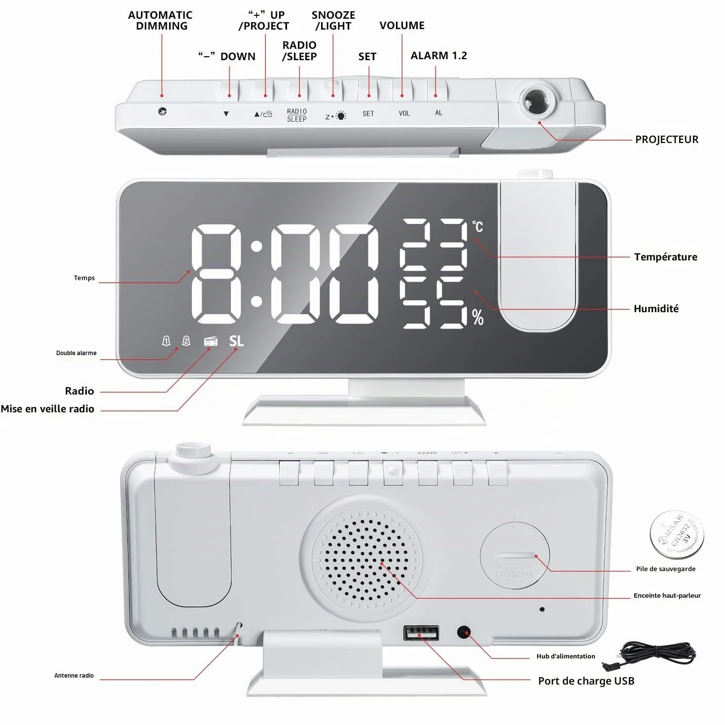 Réveil à Projection 180° Plafond Horloge Numérique Électrique Fonction Snooze 12/24H Volume Réglable Blanc
