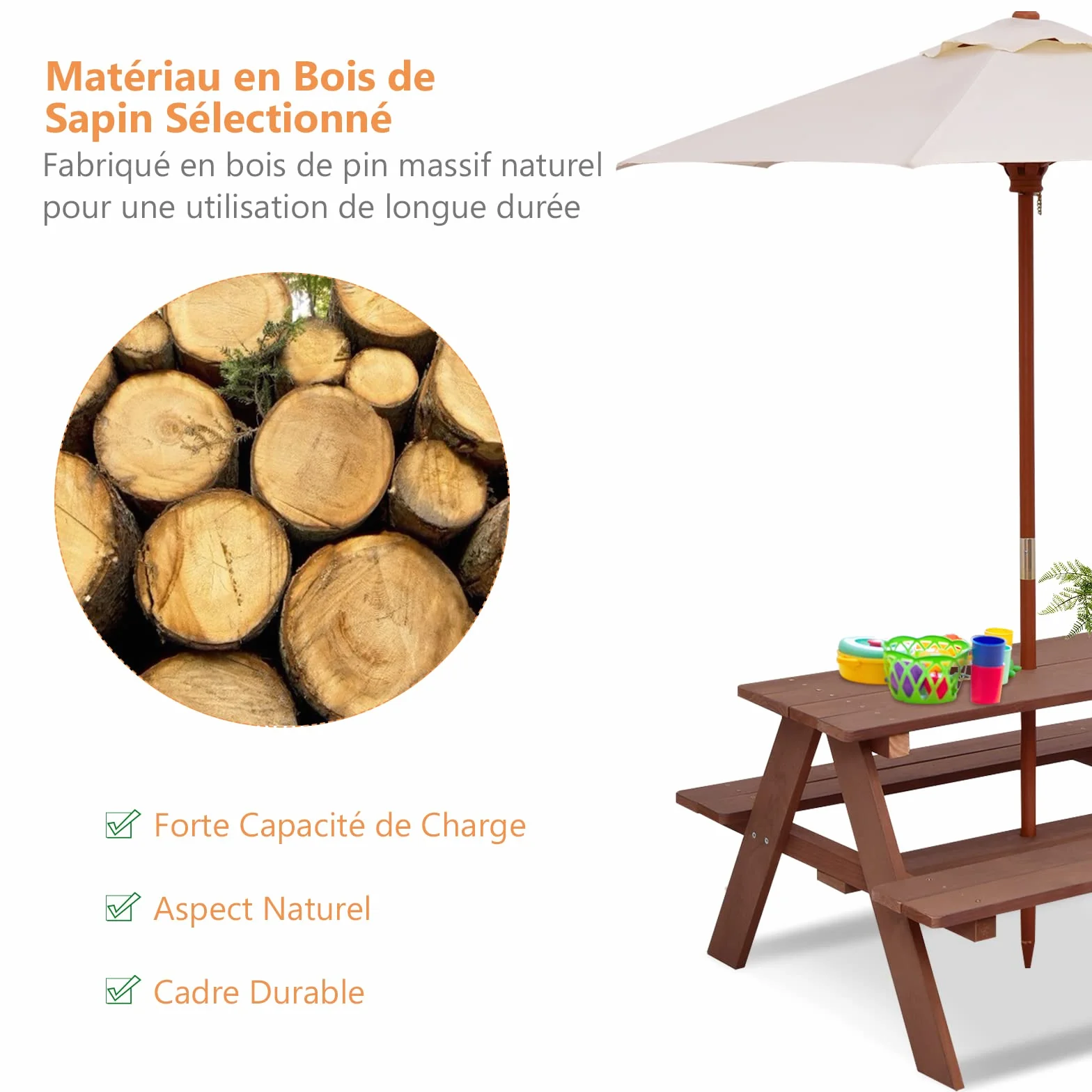 COSTWAY Table de Pique-Nique Enfants avec Parasol Amovible, Bois, 89x79x175cm