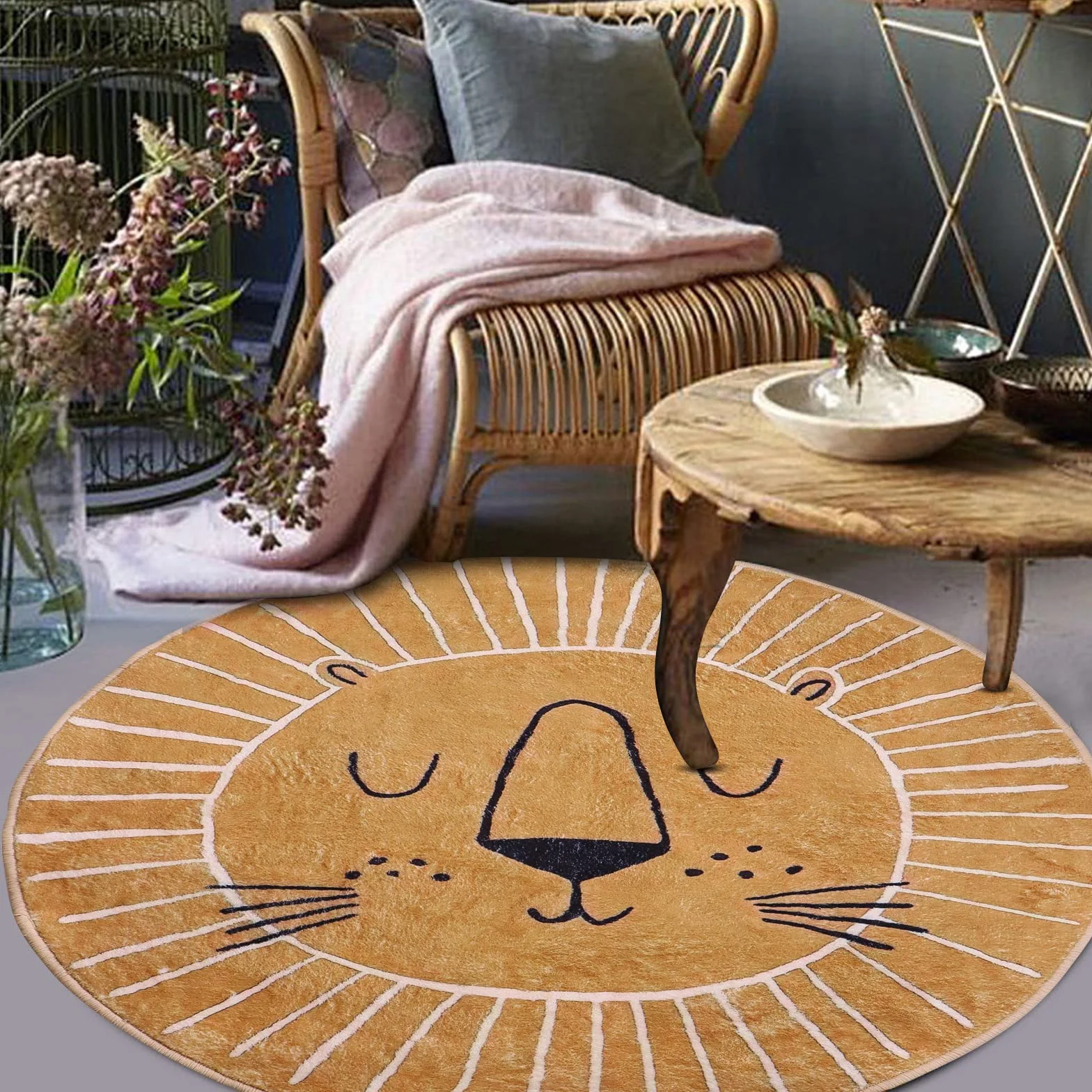 Tapis rond antidérapant lavable 80 cm motif tête de lion marron jaune intérieur extérieur enfant