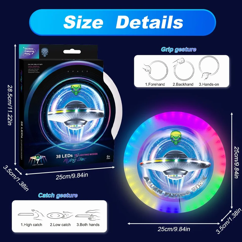 Frisbee Lumineux LED 12 Effets Etanche Batterie Rechargeable 38 Lumières Extérieur