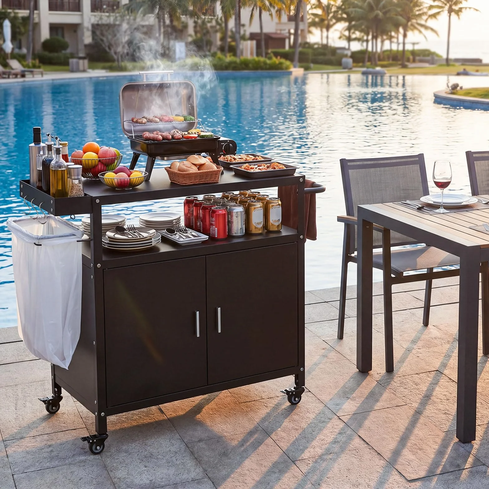 COSTWAY Chariot de Barbecue à roulettes 109 x 45 x 89 cm avec Rangement et Porte-Serviettes