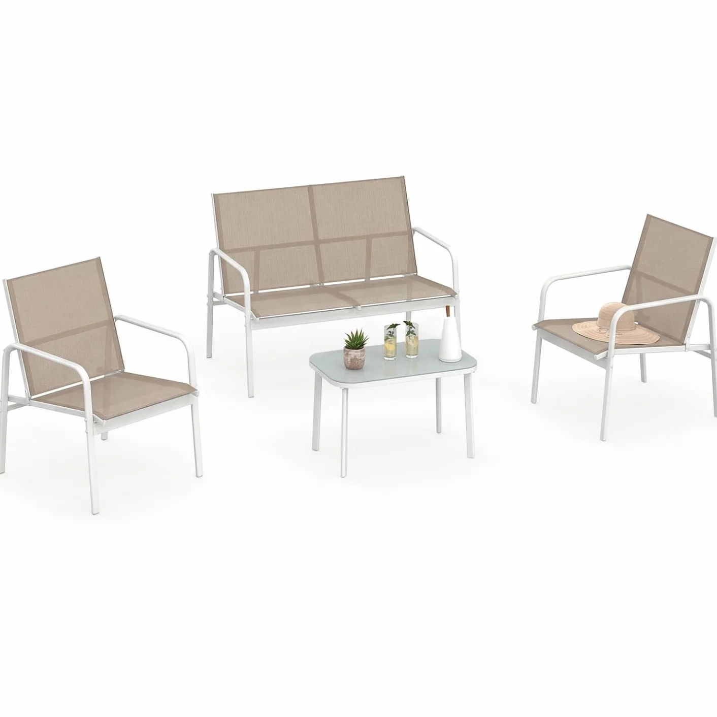 Salon de Jardin TOLEDE 4 Places Canapé Fauteuils Table Blanc Beige
