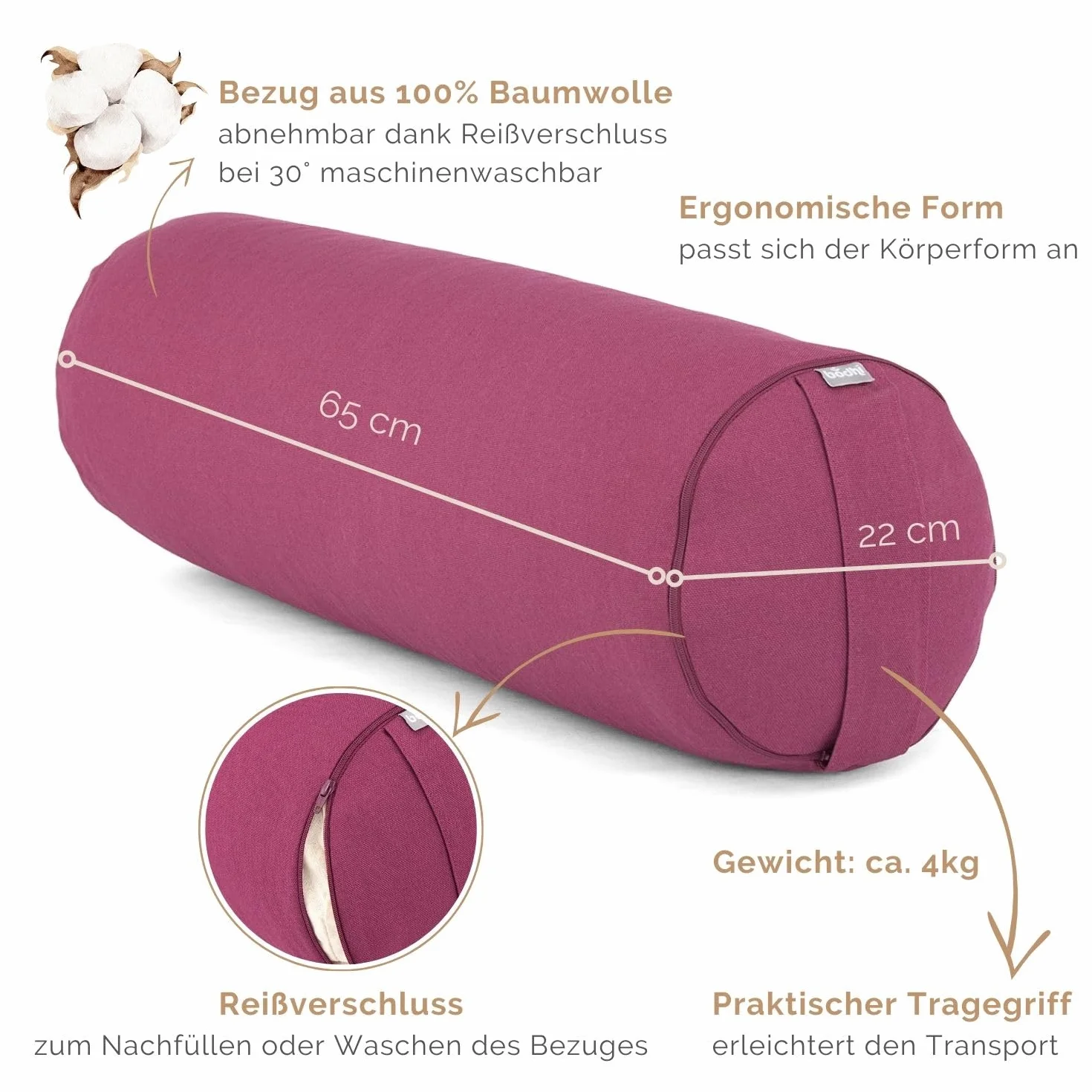 Coussin bolster de yoga BASIC env. 65 x 23 cm, coton robuste, housse amovible, lavable à 30°C, passant pour le transport, remplissage et couleur au choix