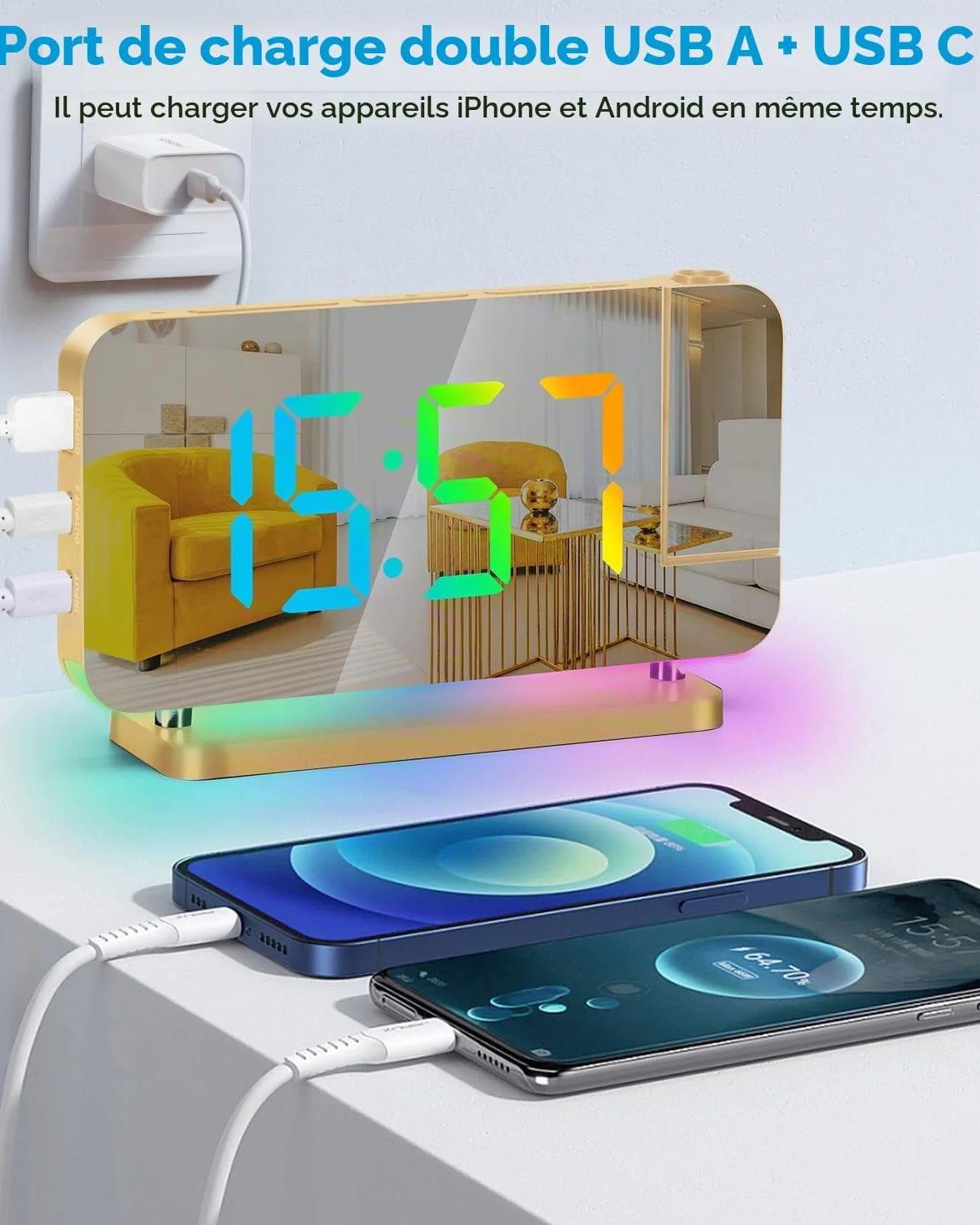Réveil à projection Miroir LED 7,4" avec veilleuse RVB station de charge USB C projecteur rotatif 180° doré
