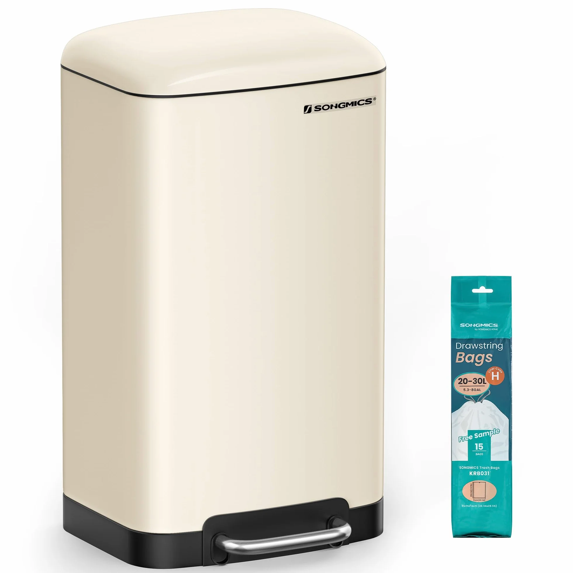 SONGMICS Poubelle de Cuisine 30L Acier Pédale Couvercle Seau Intérieur Fermeture en Douceur Blanc LTB001A01