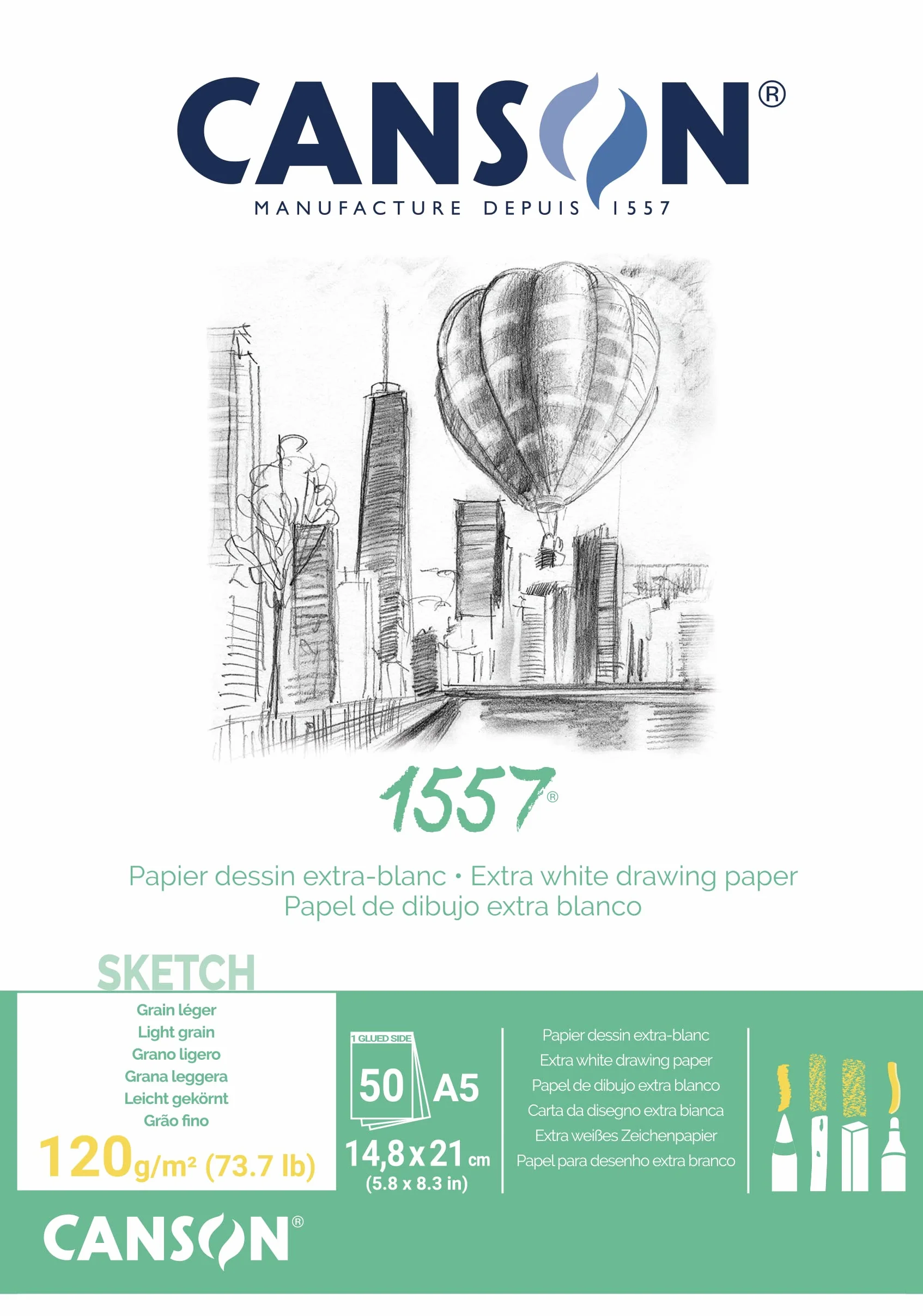 CANSON 1557 Bloc Papier Croquis A4 120g/m² 50 Feuilles