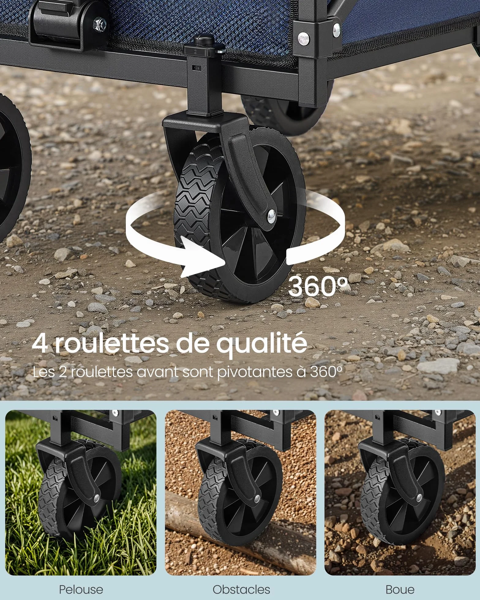 SONGMICS Chariot de Transport Pliable, Compact, 4 Roues Renforcées, Charge 180 kg, 90 L, Bleu Minuit