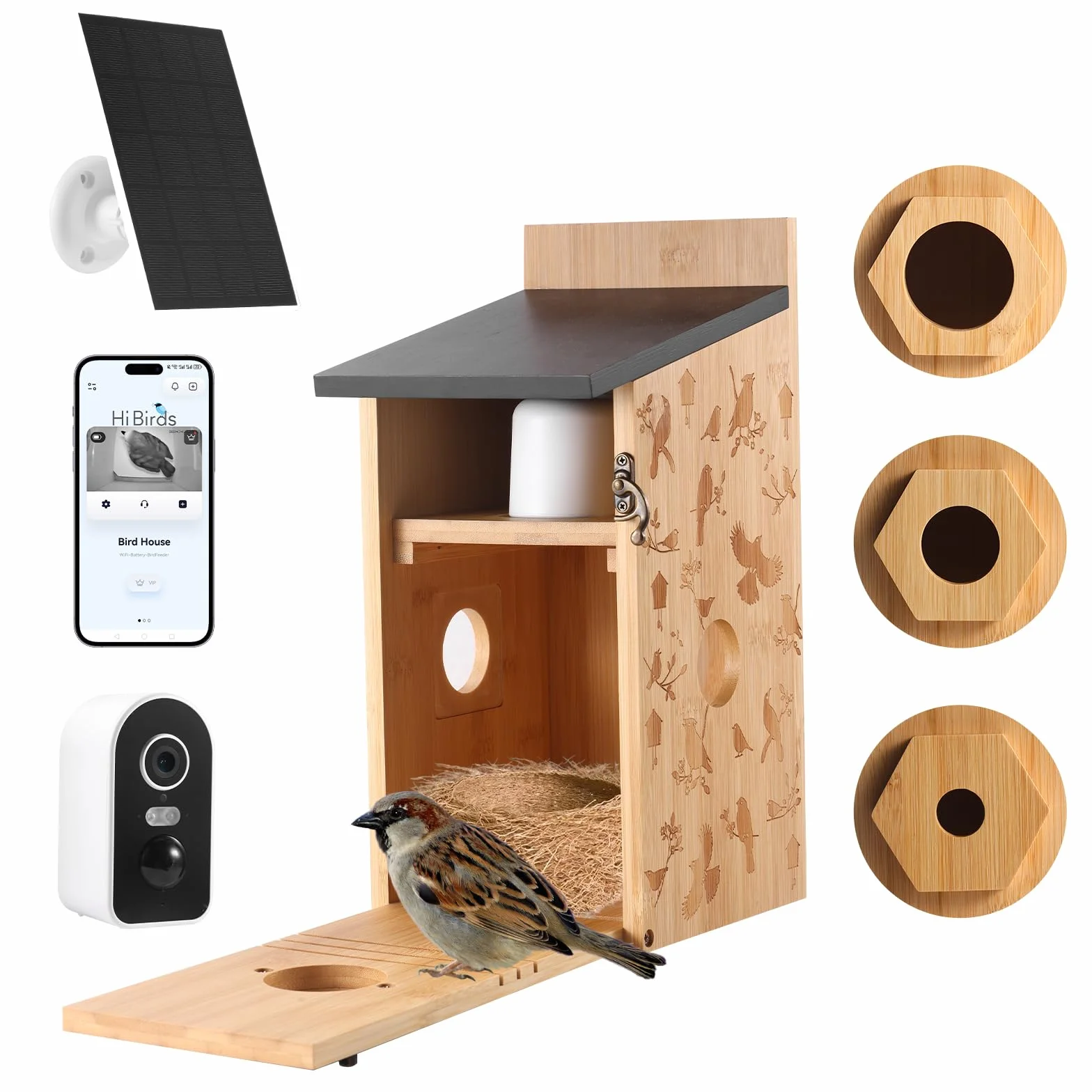 Nichoir Mésange avec Caméra 5MP Solaire WiFi 2,4G, Détection de Mouvement, Vision Nocturne