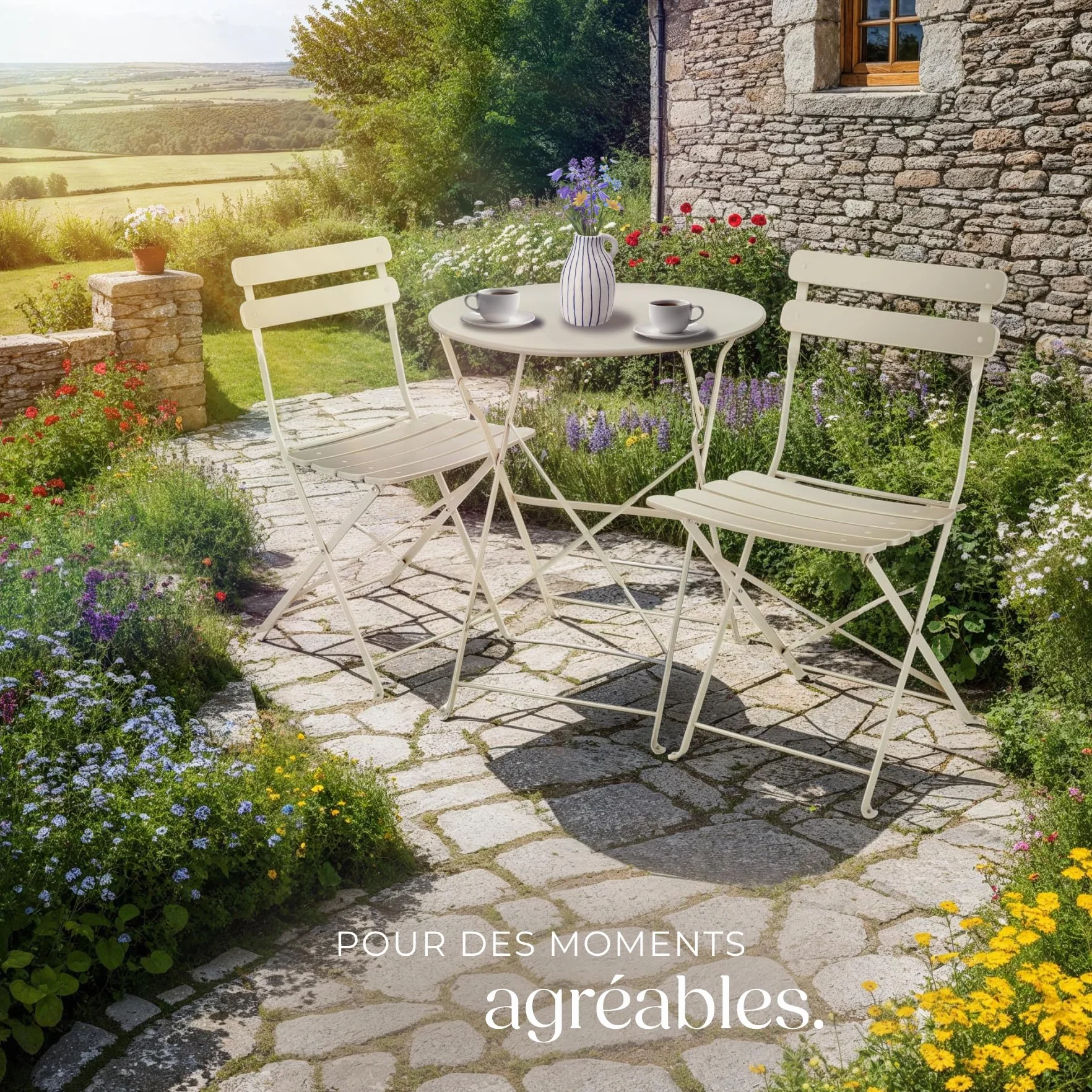Ensemble Table Ronde et Chaises Pliantes de Jardin Acier Époxy 2 Places