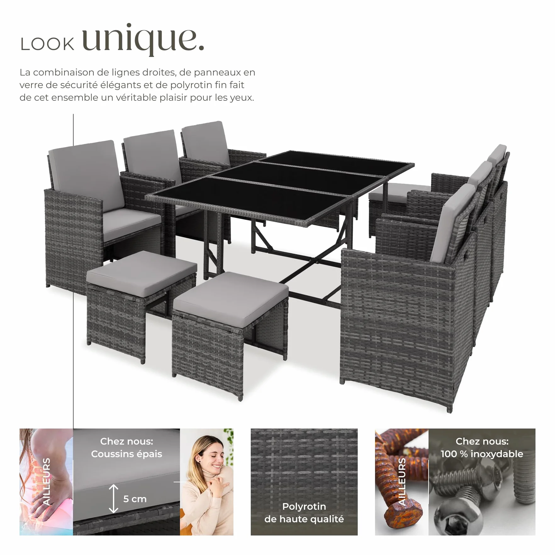 tectake Salon de Jardin Résine Tressée Poly Rotin Table 10 Personnes 6 Fauteuil 4 Tabouret Pouf Housse Protection