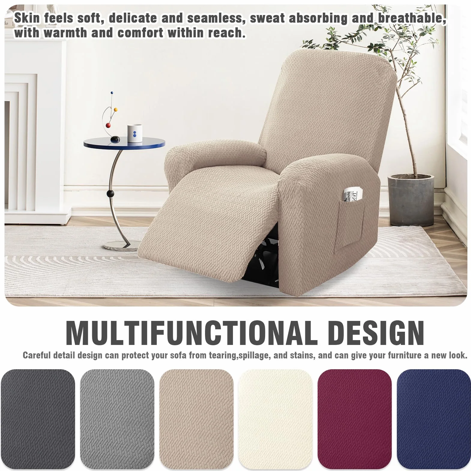 Housse Fauteuil Relax 1 Place Extensible avec Poches Jacquard Rayé Taupe 4 Pièces