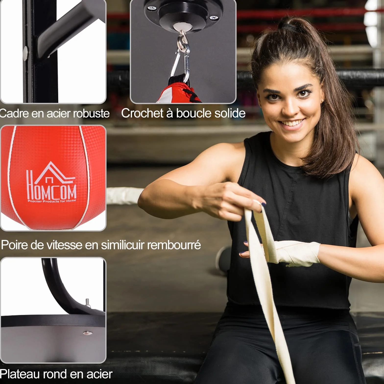HOMCOM Punching Ball Poire de Vitesse Boxe avec Support Plateau tournant + Pompe en Bois Hauteur Réglable Acier revêtement synthétique