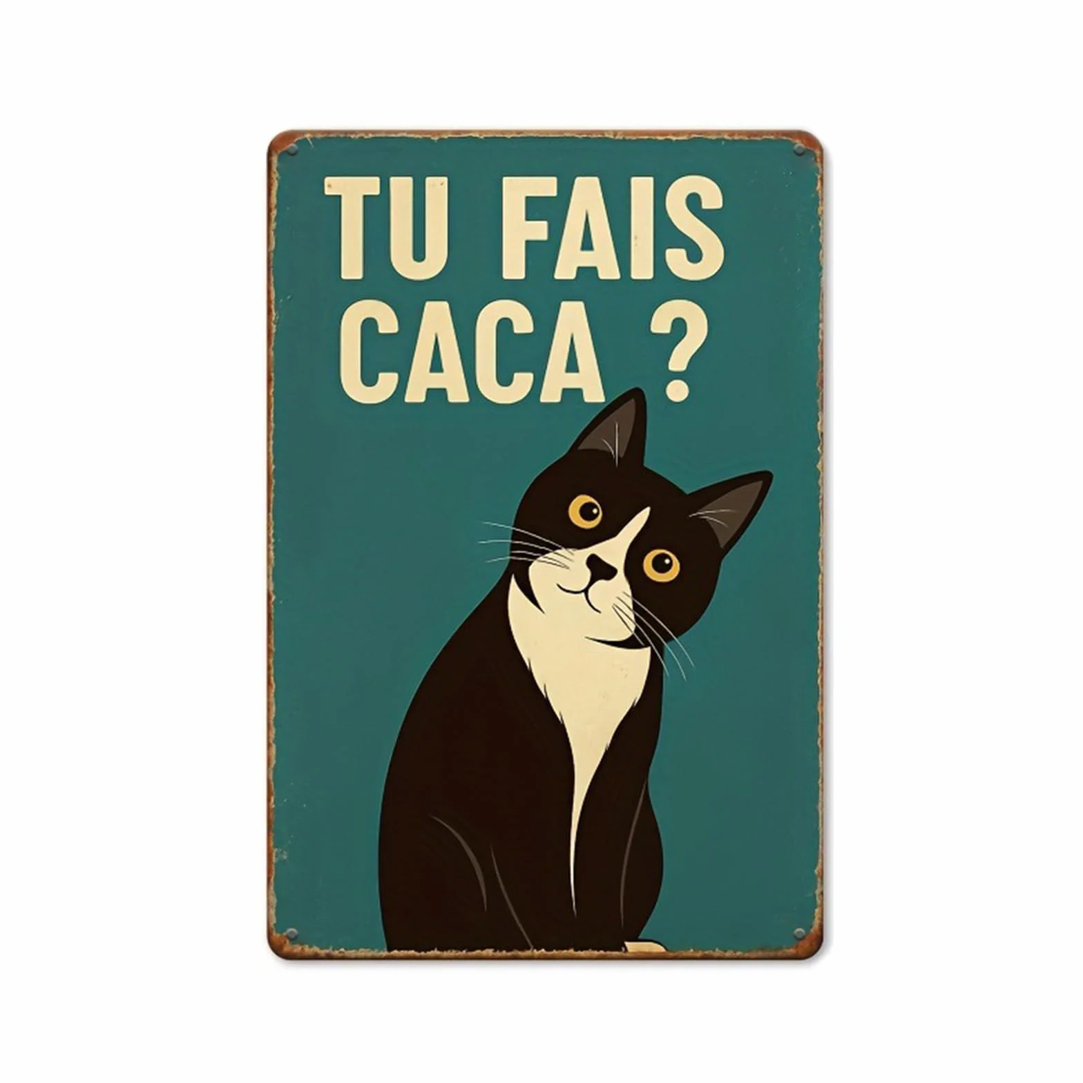 Plaque Métal Vintage Française « Tu Fais Caca? » Décor Drôle De Chat Noir 20x30cm Salle De Bain Toilette