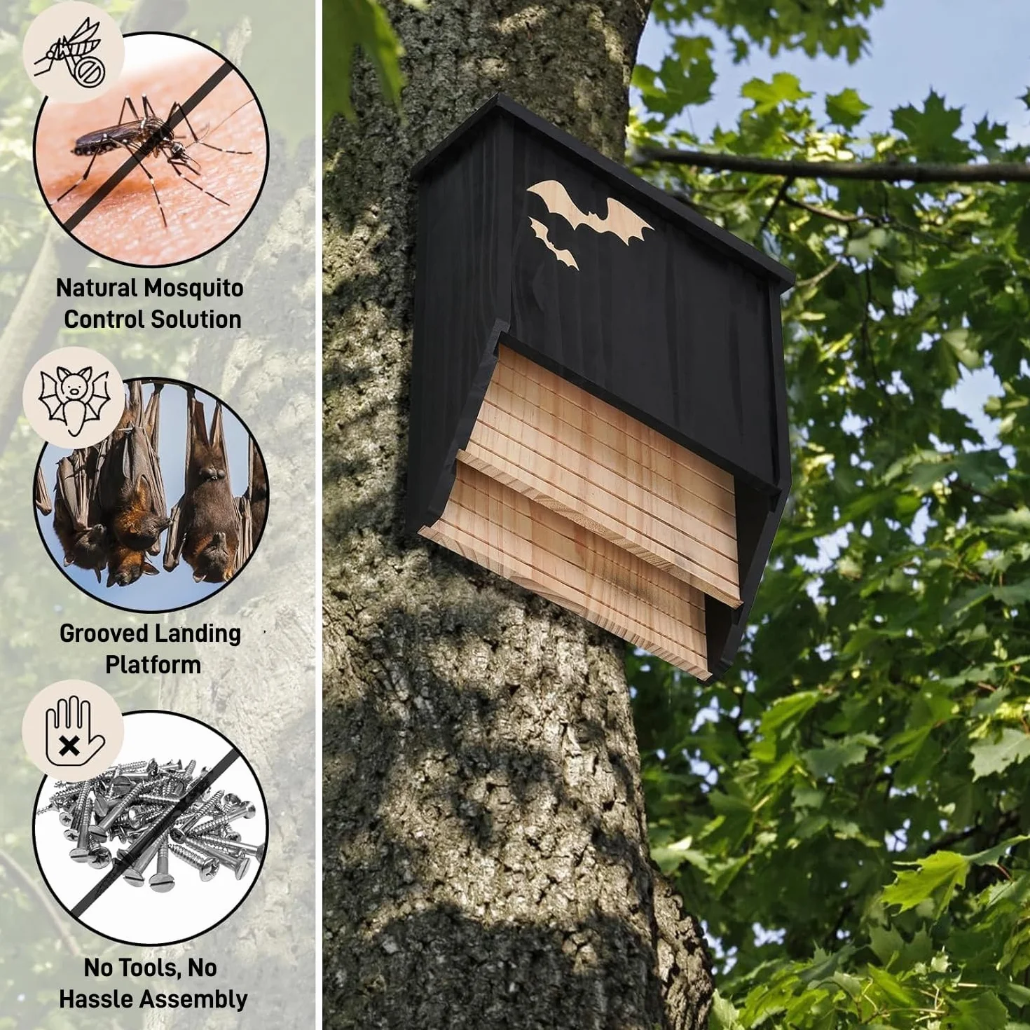 Nichoir pour chauve-souris en bois double chambre résistant aux intempéries noir