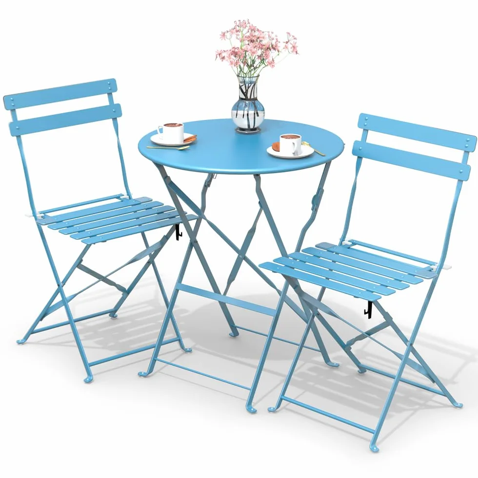 vounot® Set de Bistro 3 pièces Table et 2 Chaises Pliantes en Acier pour Extérieur Bleu