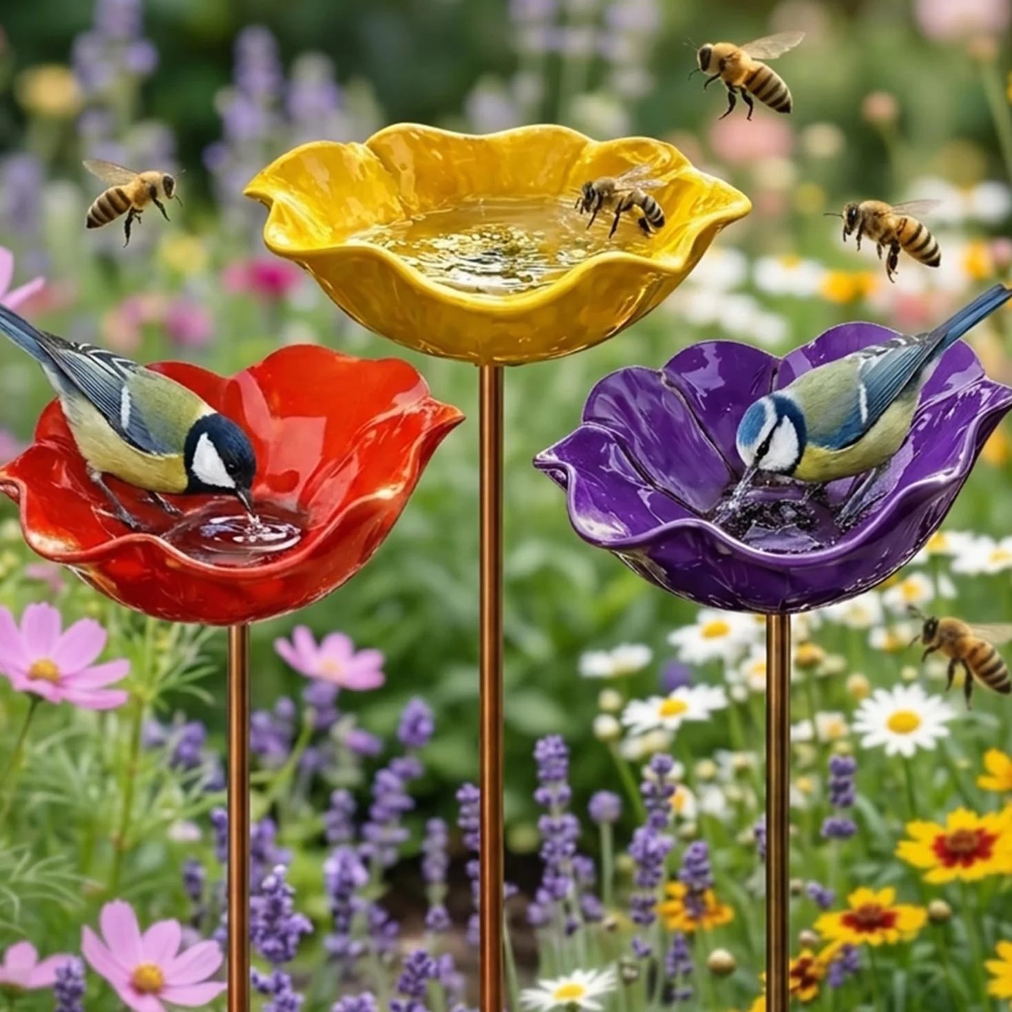 Bain d'oiseaux Extérieur sur Pied en Métal Forme de Fleur, Mangeoire & Abreuvoir pour Jardin Balcon