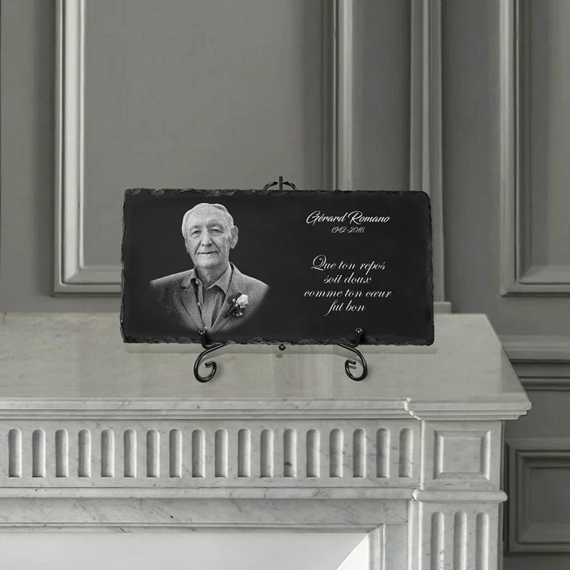 ETERNEL Plaque Funéraire Personnalisée Multisupports Colombe Ardoise Granit Photo Texte au Choix Cimetière