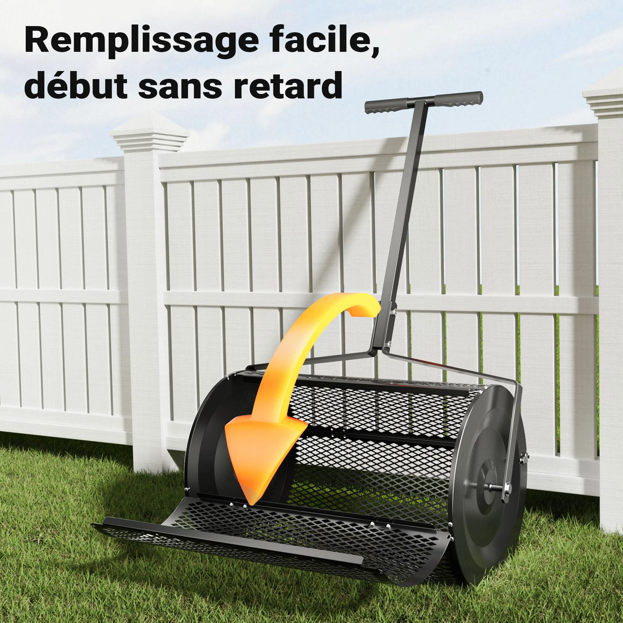 Wiltec Rouleau Épandeur Compost 1100 x 640 x 400 mm Noir Acier Revêtu par poudre 75L Poignée en T Rouleau en treillis