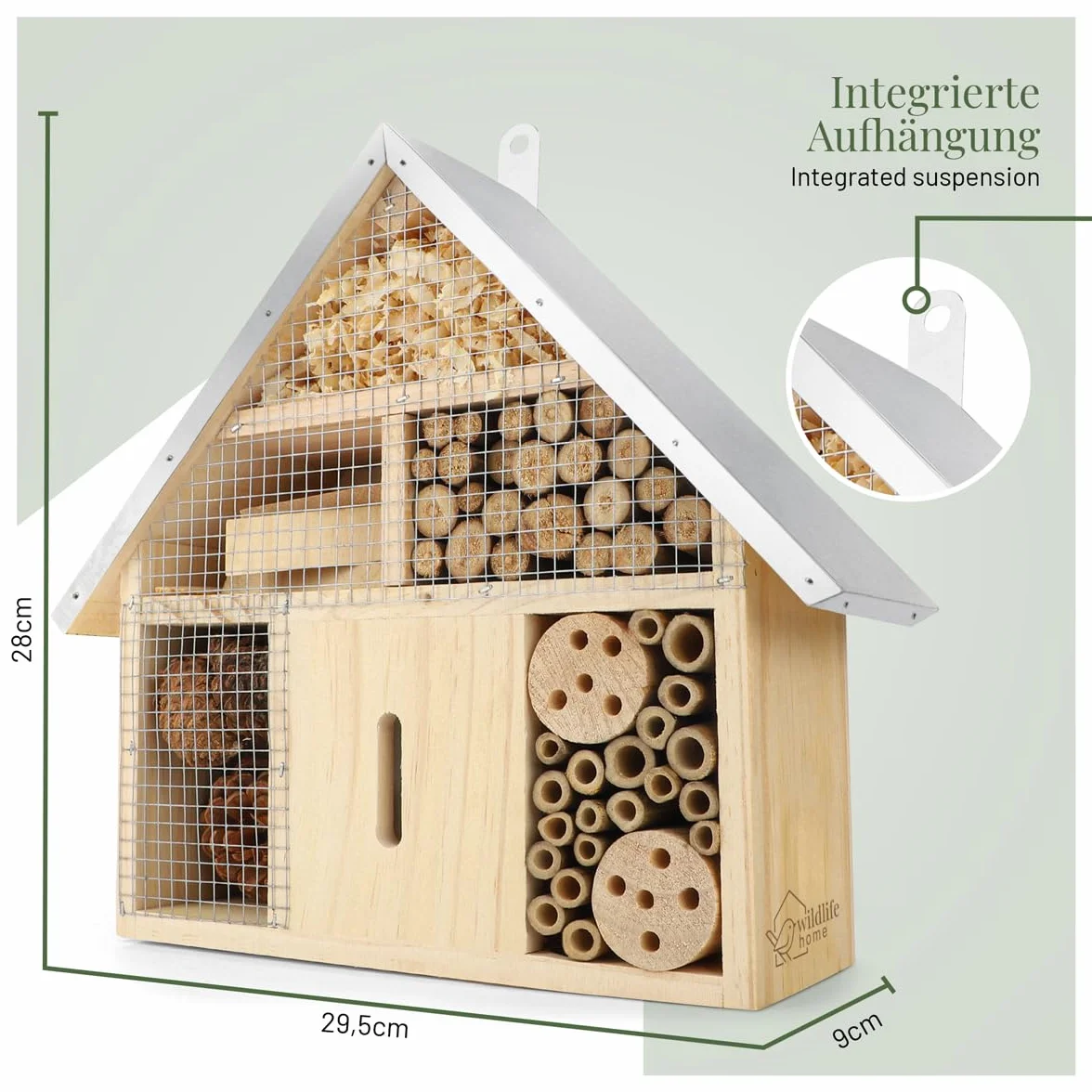 Hôtel à insectes WILDLIFE HOME en bois naturel pour abeilles sauvages, coccinelles et papillons