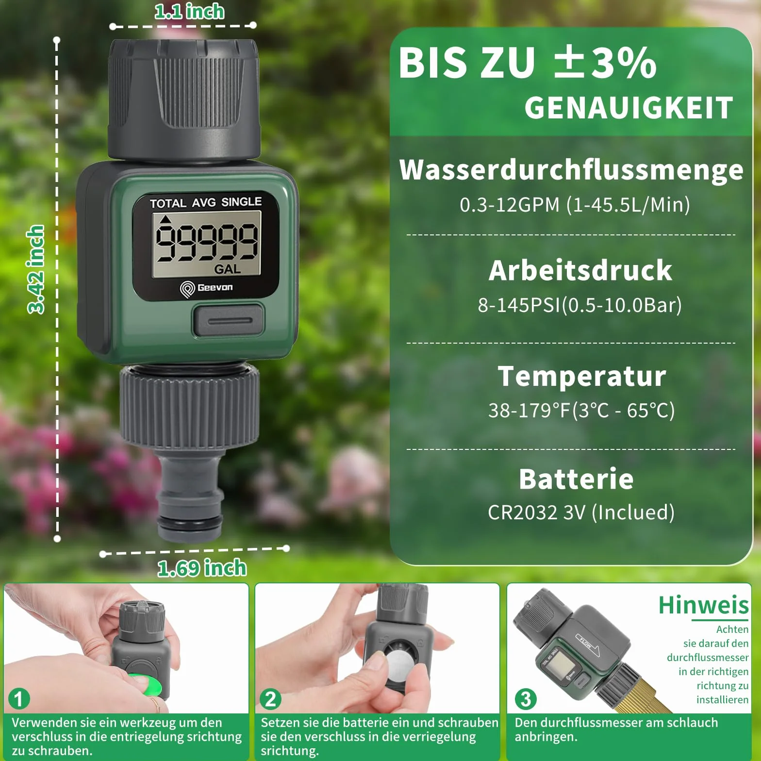 Geevon Compteur d'eau numérique IPX6 étanche pour irrigation jardin extérieur