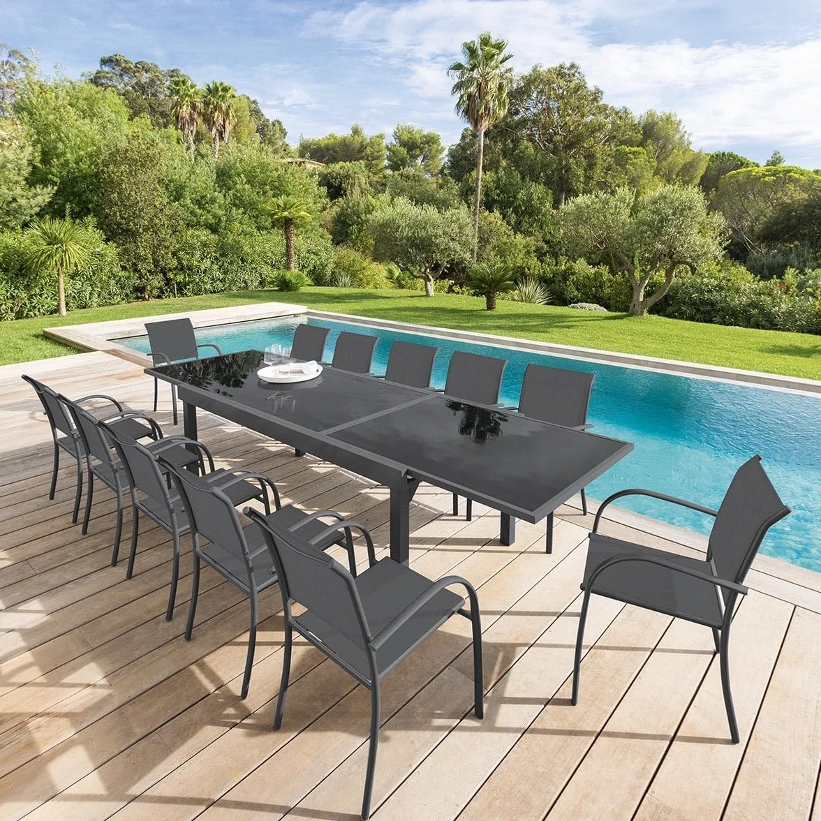 Hespéride Table de Jardin Extensible Piazza Gris Graphite 10 Places Aluminium Antirouille Verre Trempé