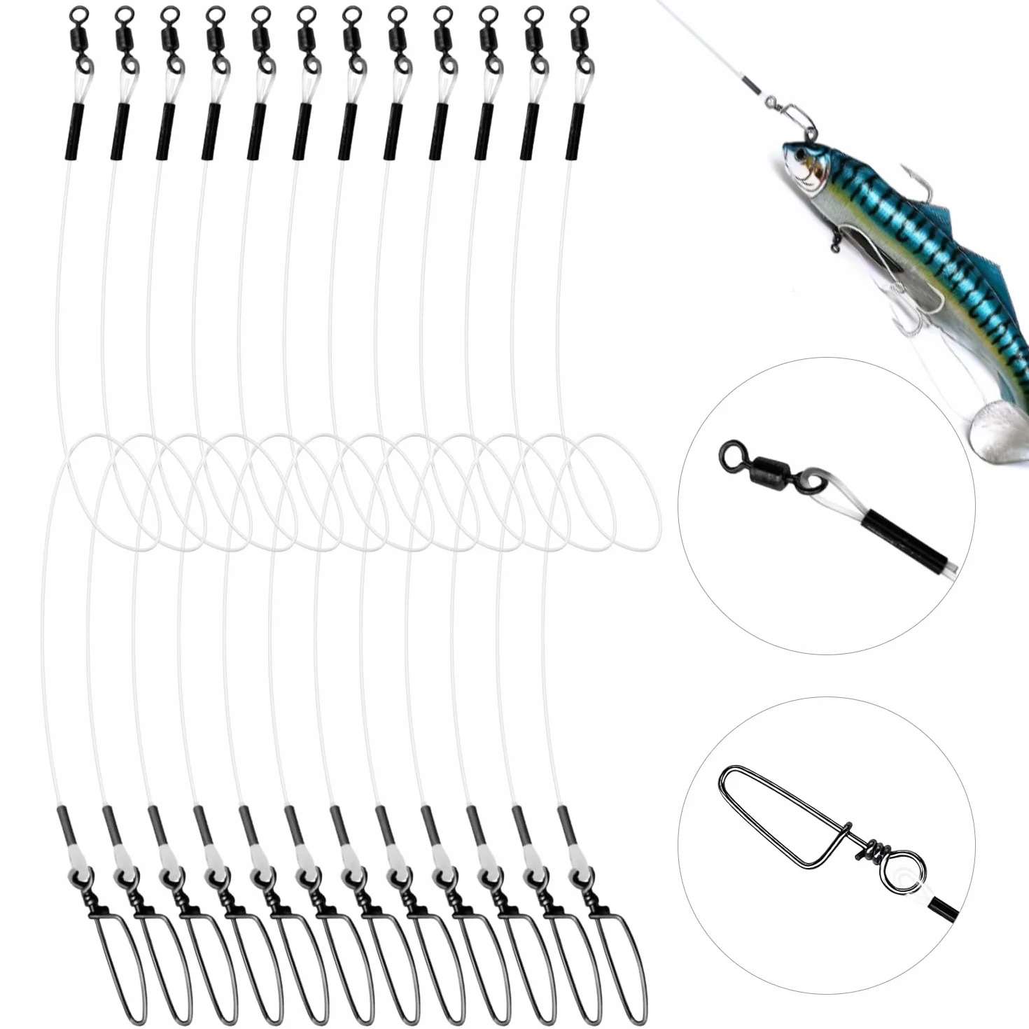 12 Pièce Bas de Ligne Fluorocarbone Bas de Ligne Carnassier avec Émerillon et Mousquetons Préinstallés Ils Permettent de Connecter Lignes Principale Leurres ou Hamecon Carpe en Eau Douce comme en Mer