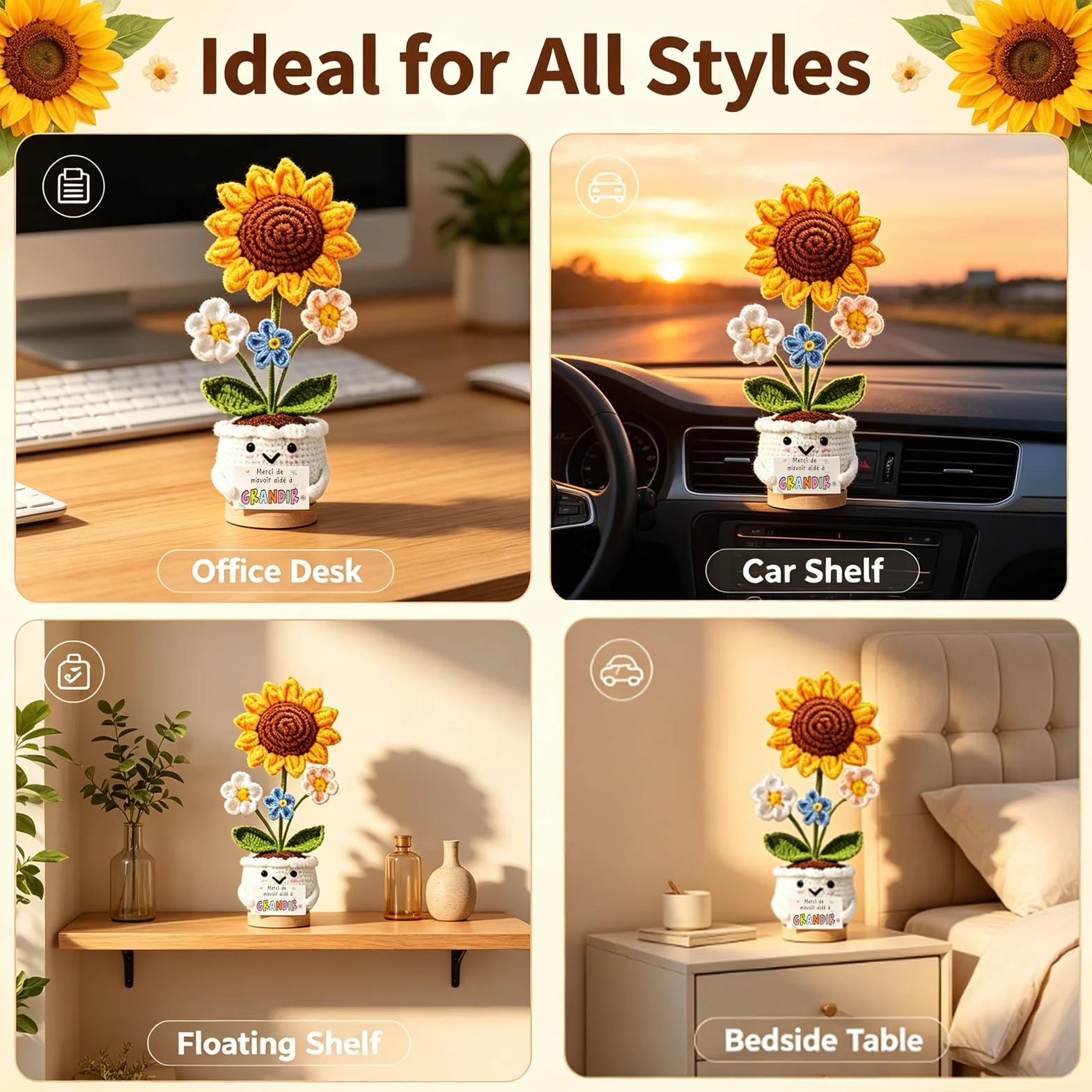 Fleur Pot Crochet Main Tulipe Tournesol Porte-Clés Cadeau Maîtresse Fin Année Noël École Merci Atsem