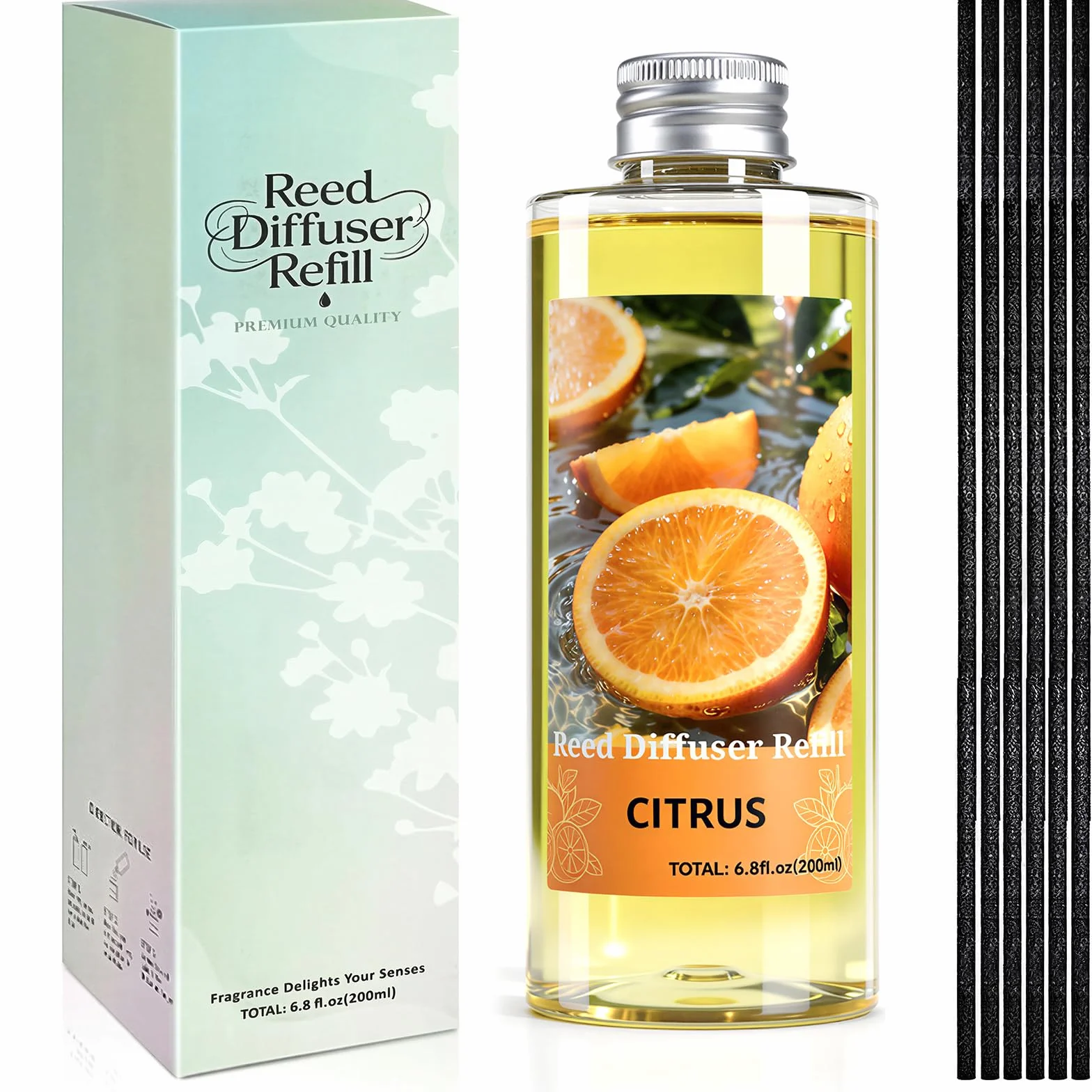 SCENTORINI Recharge Diffuseur de Parfum d'Agrumes 200ML avec 6 Batonnets Parfum Ambiance Maison