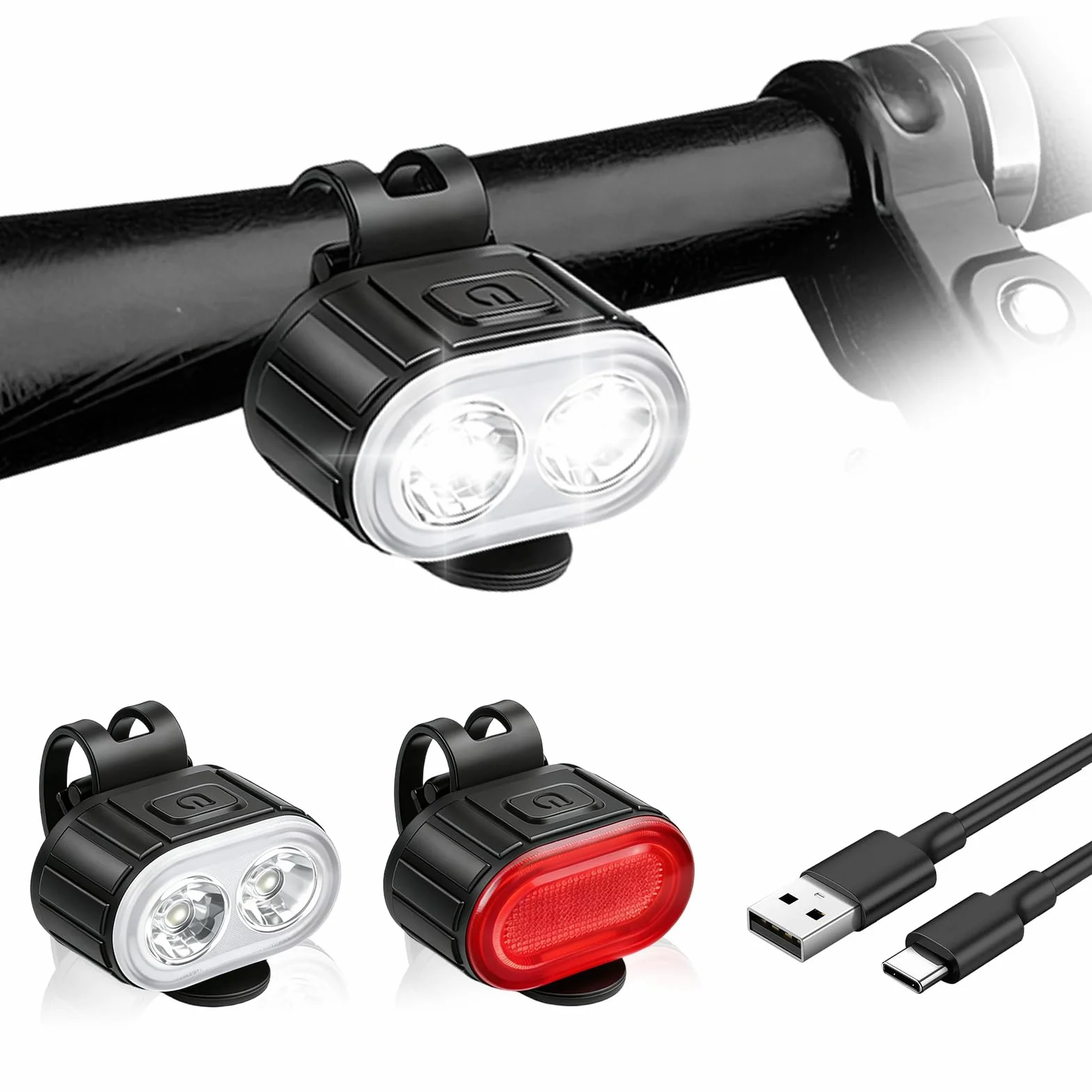 Kit Éclairage Vélo Avant et Arrière Rechargeable USB-C – Lampe Vélo LED Puissante IP65 Étanche – 4+6 Modes de Luminosité pour VTT, Route, Ville et Trottinette Électrique – Lot de 2