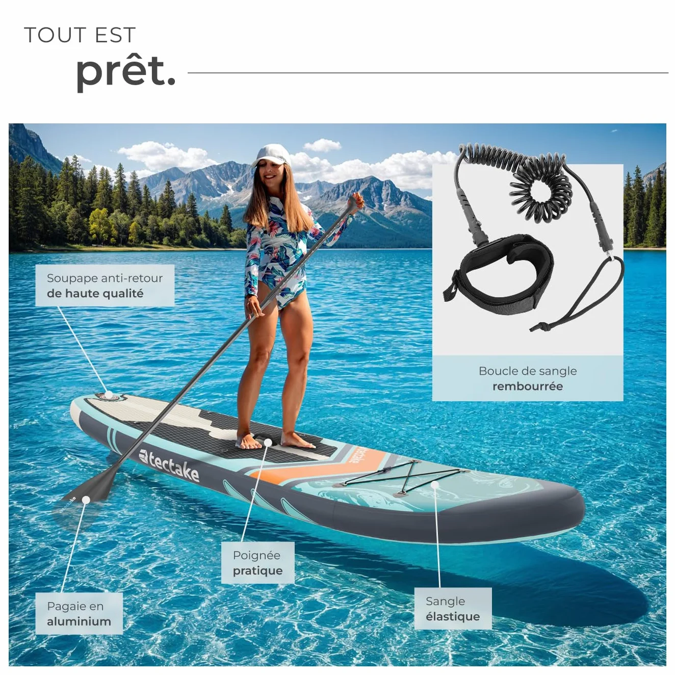 tectake® Planche de Stand-up Paddle Gonflable Adulte 2-en-1, Utilisable comme Kayak, Siege Paddle détachable, Pompe, 3 Ailerons, sac à dos, Pagaie double, Pagaie simple, Accessoires, Charge Max. 200kg
