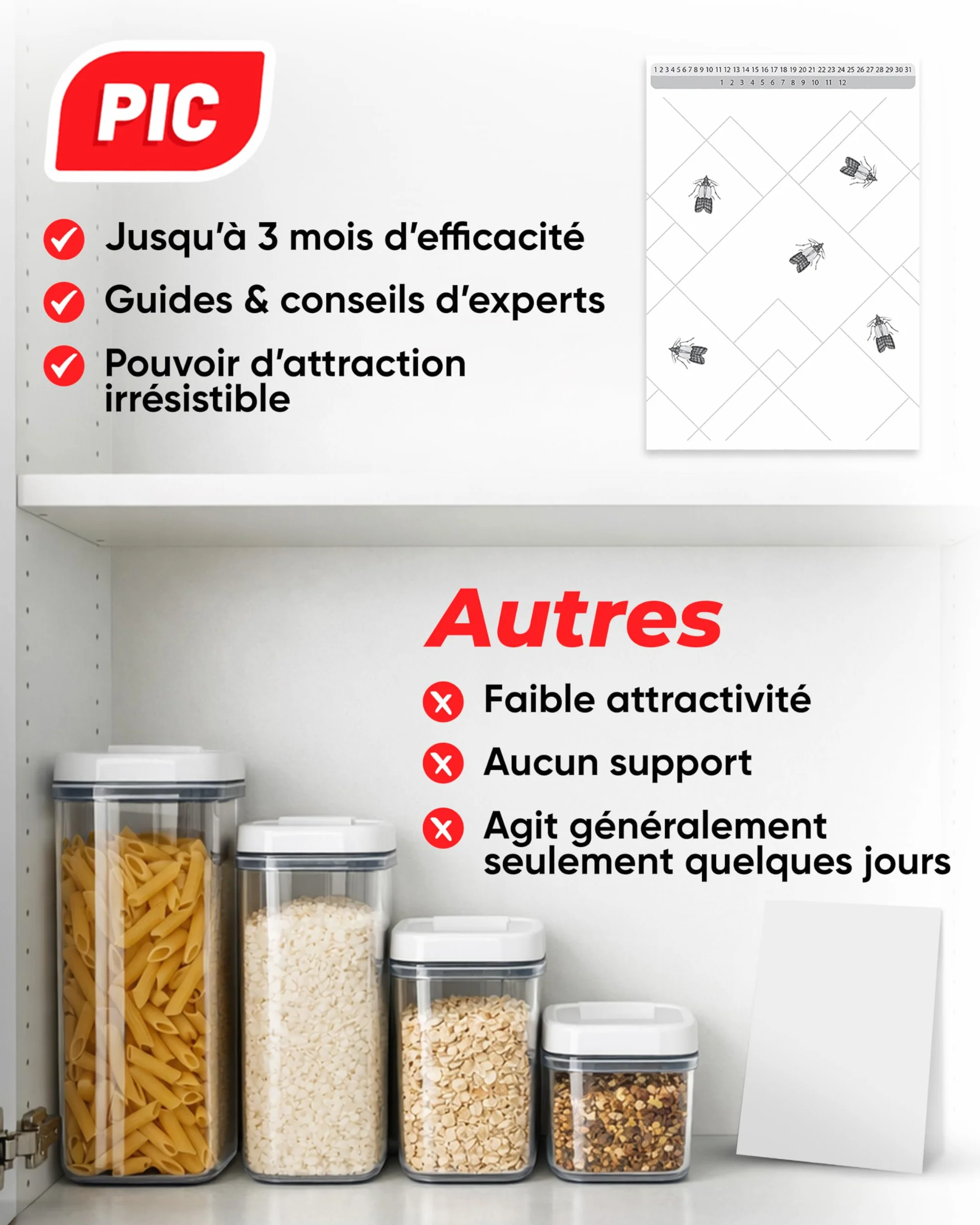 PIC Pièges à Mites Alimentaires 12 Pièges Anti Mites Alimentaires avec Phéromones Protection 8 Semaines