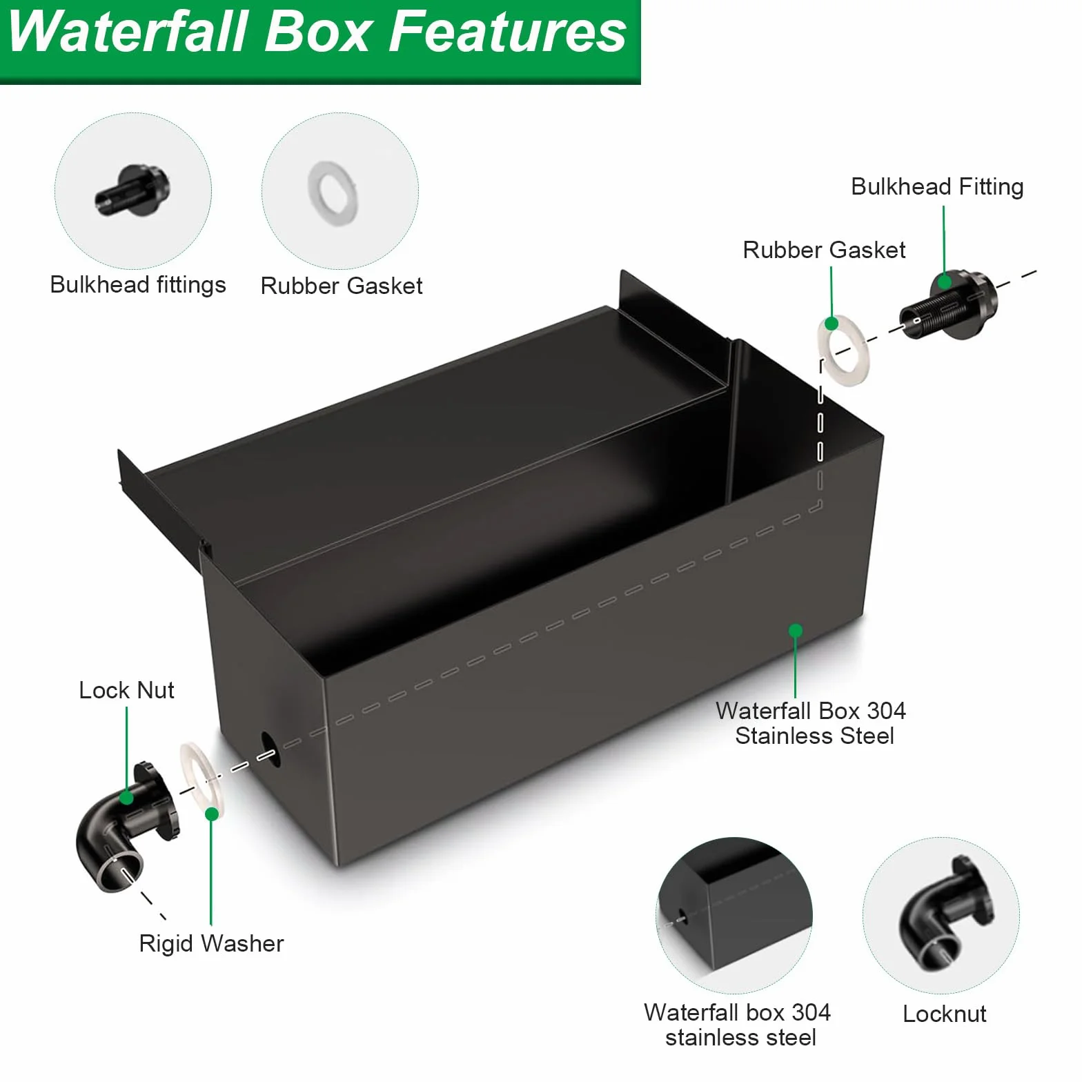 Pompe de bassin Cascade acier inoxydable noir 45 W 3000 l/h pour étang jardin