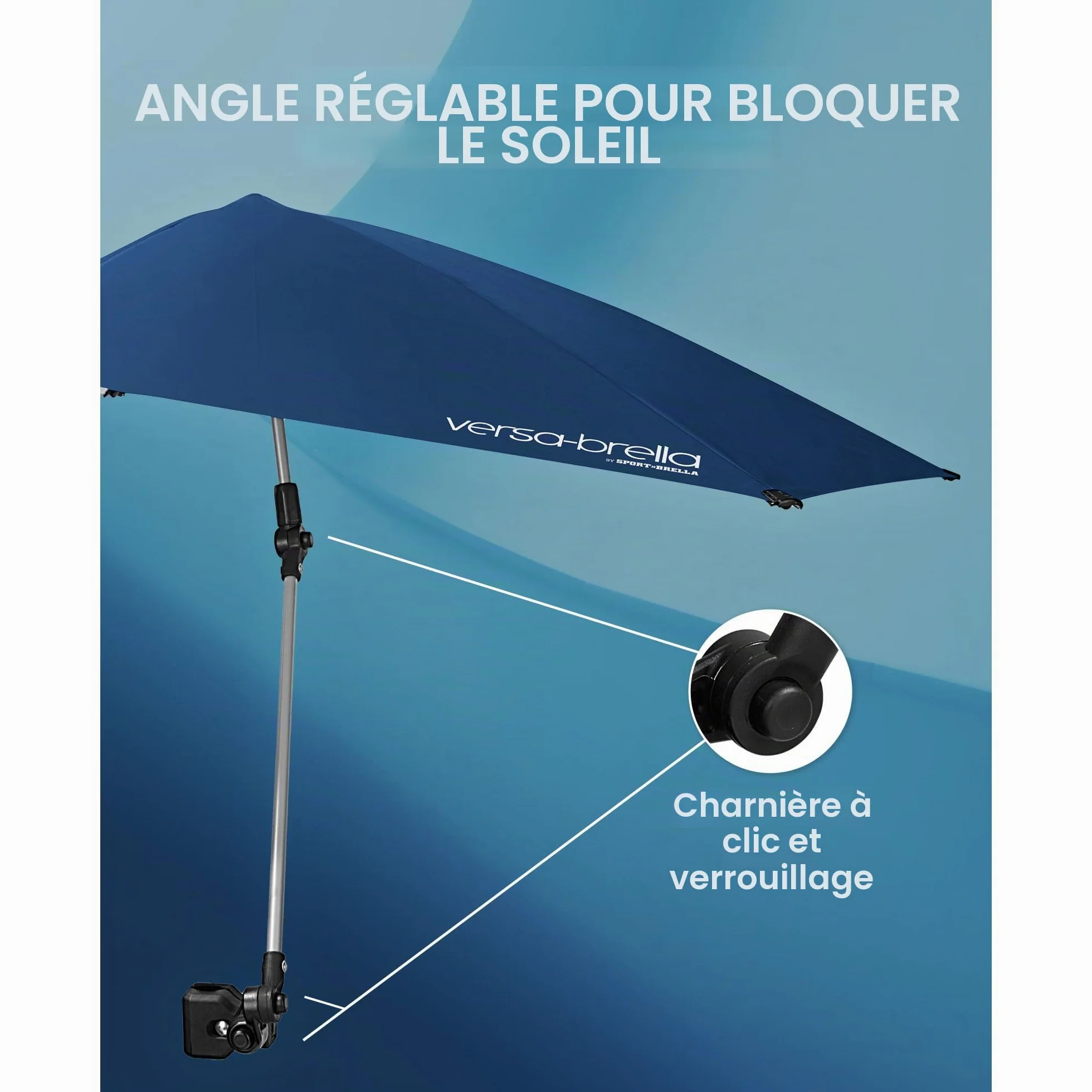 Versa-Brella Parasol Réglable avec Rotation 360 Degrés, Doublure UPF 50+ pour Chaises, Léger et Facile à Installer, 107 cm, pour Plage, Camping, Terrasse, Activités Sportives et Poussettes - Noir