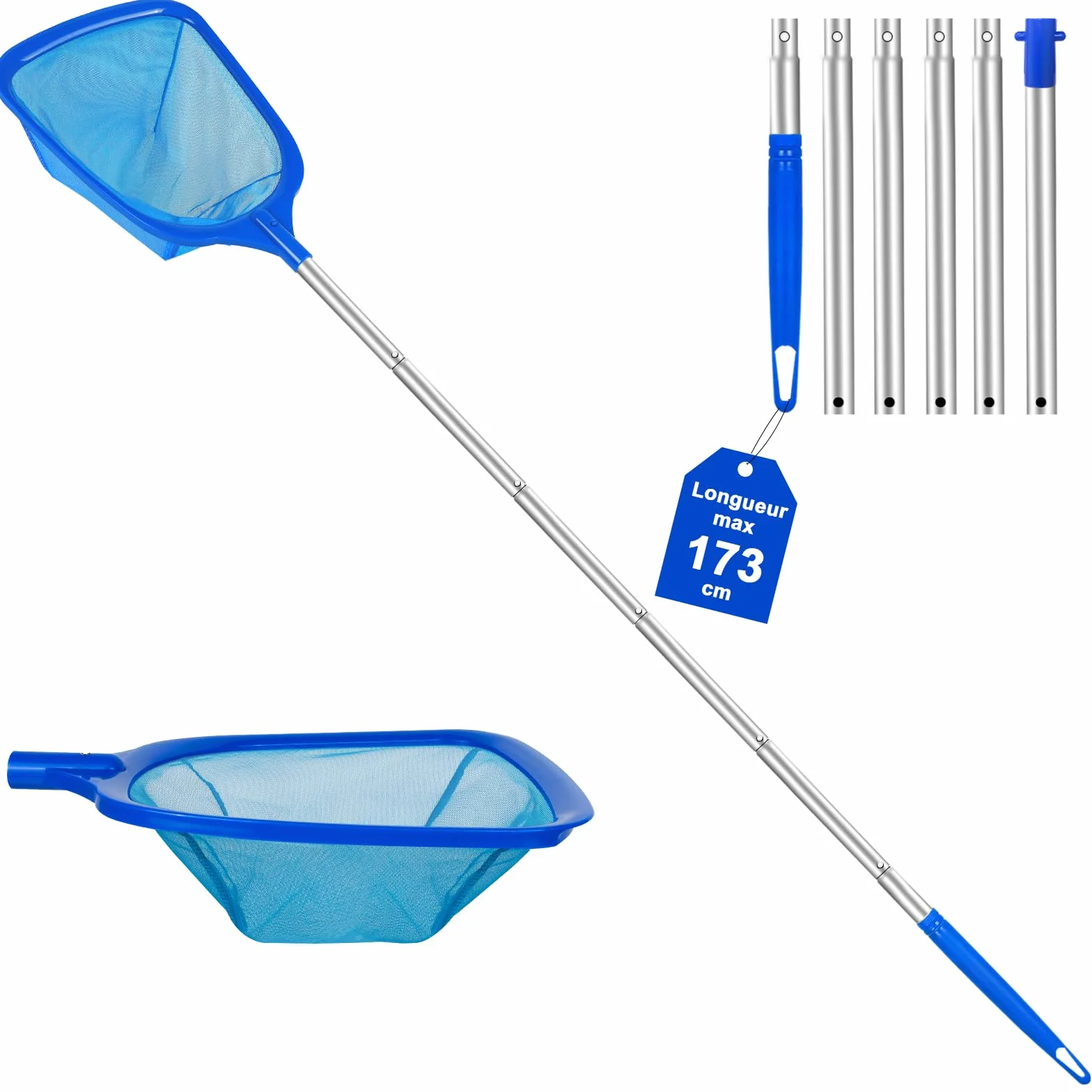 KGC Épuisette de Piscine avec Manche 81-173 cm Mailles Ultra-Fines pour Piscines Bassins Spas