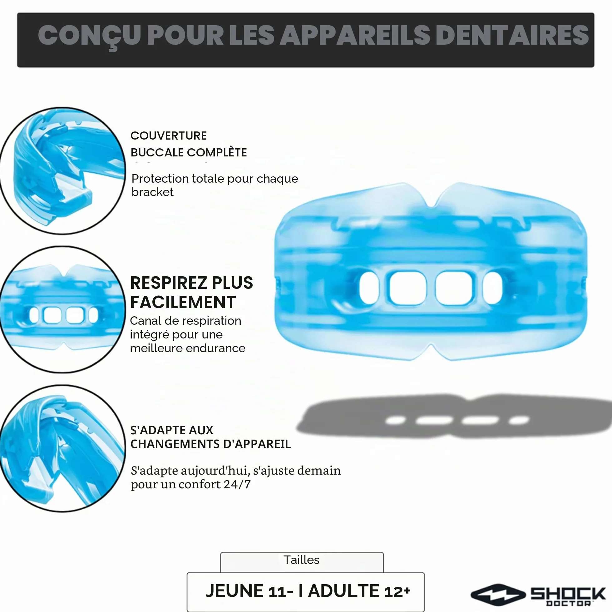 Shock Doctor Protège Dents pour Appareils Braces Enfants Rugby MMA Boxe Lacrosse Basketball Sports de Contact