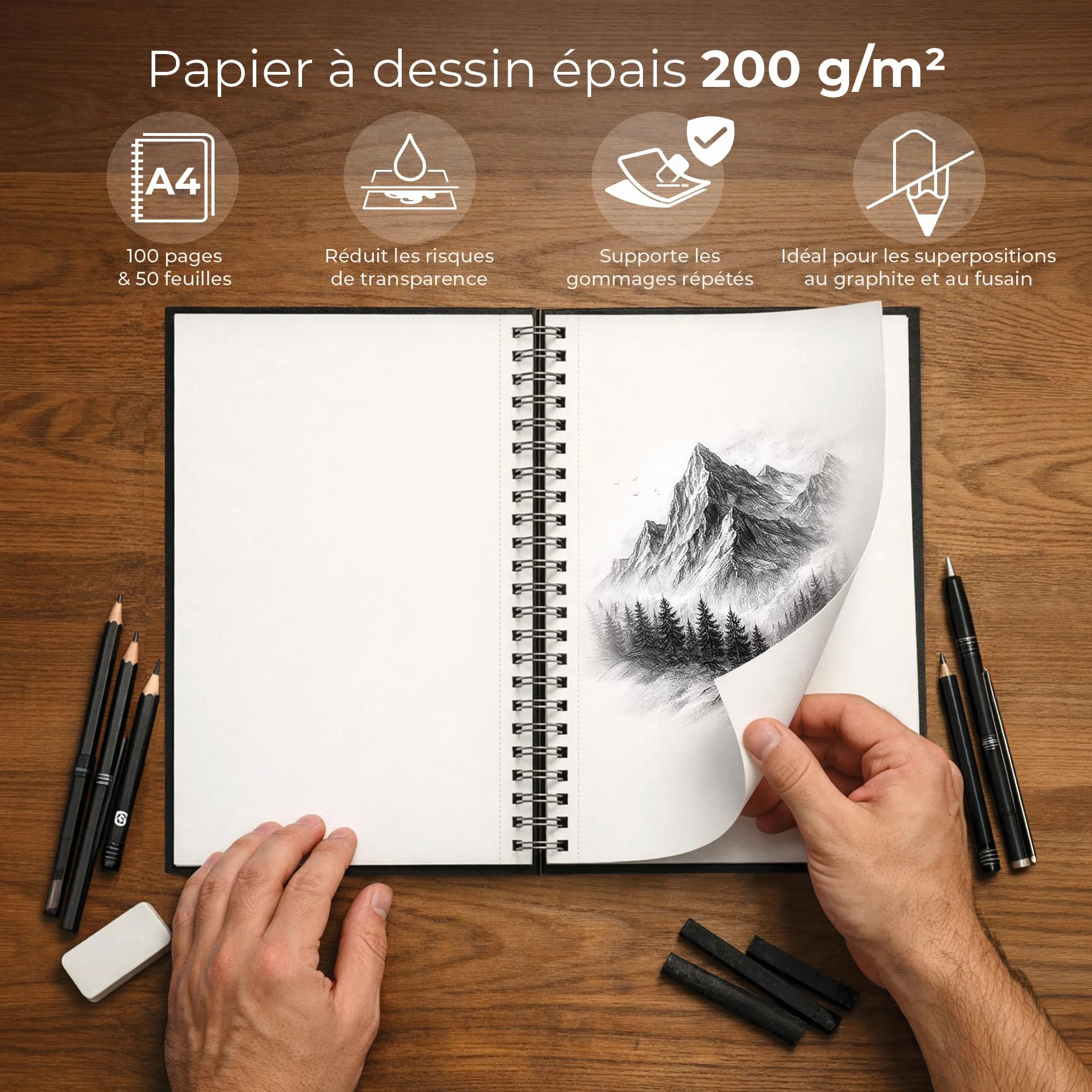 Carnet de Croquis A4 200 g/m² 100 Pages Spirale Couverture Rigide pour Crayon Fusain Graphite Pastel