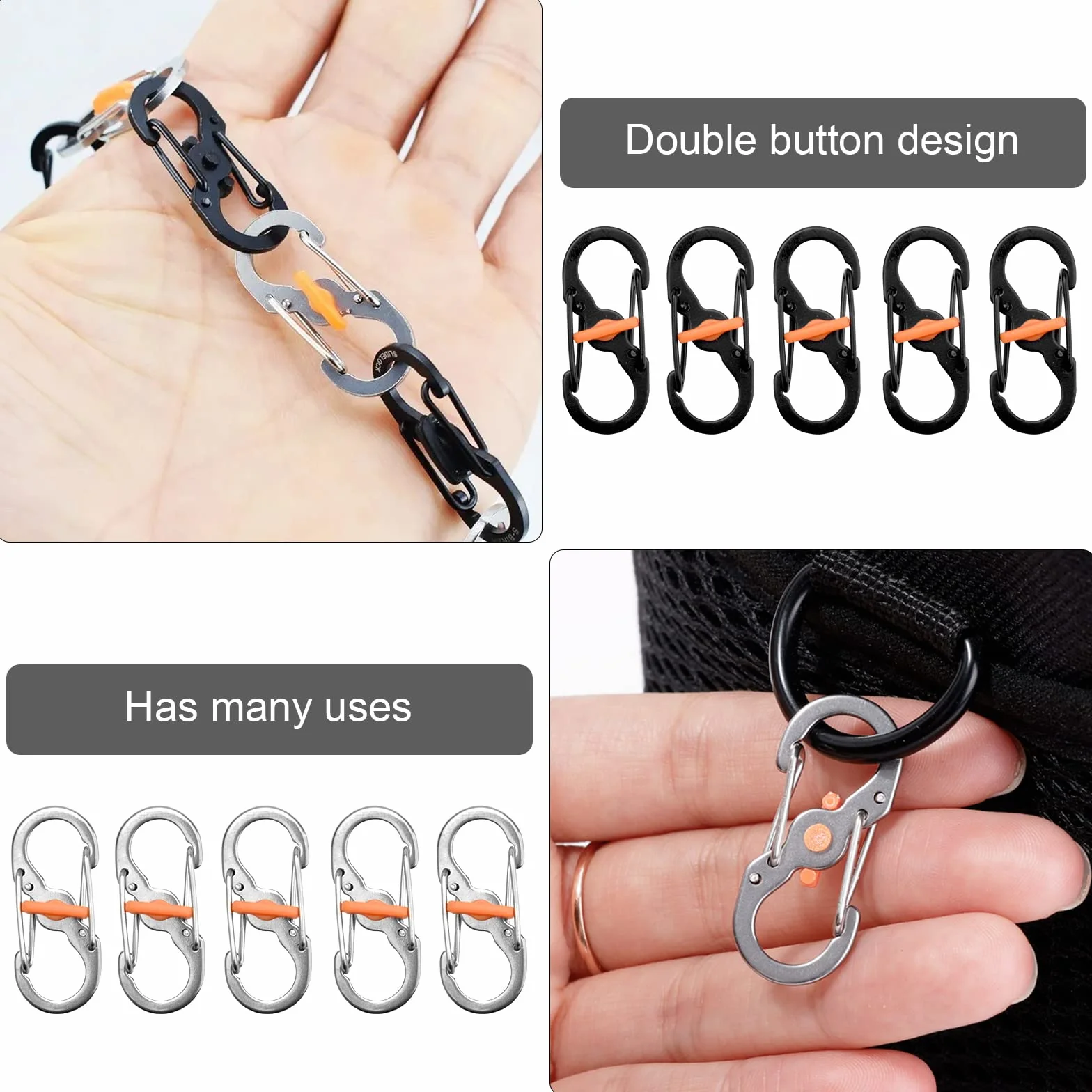 Lot de 10 mini mousquetons doubles acier inoxydable S petit pour camping plein air antivol anti-chute porte-clés sac à dos
