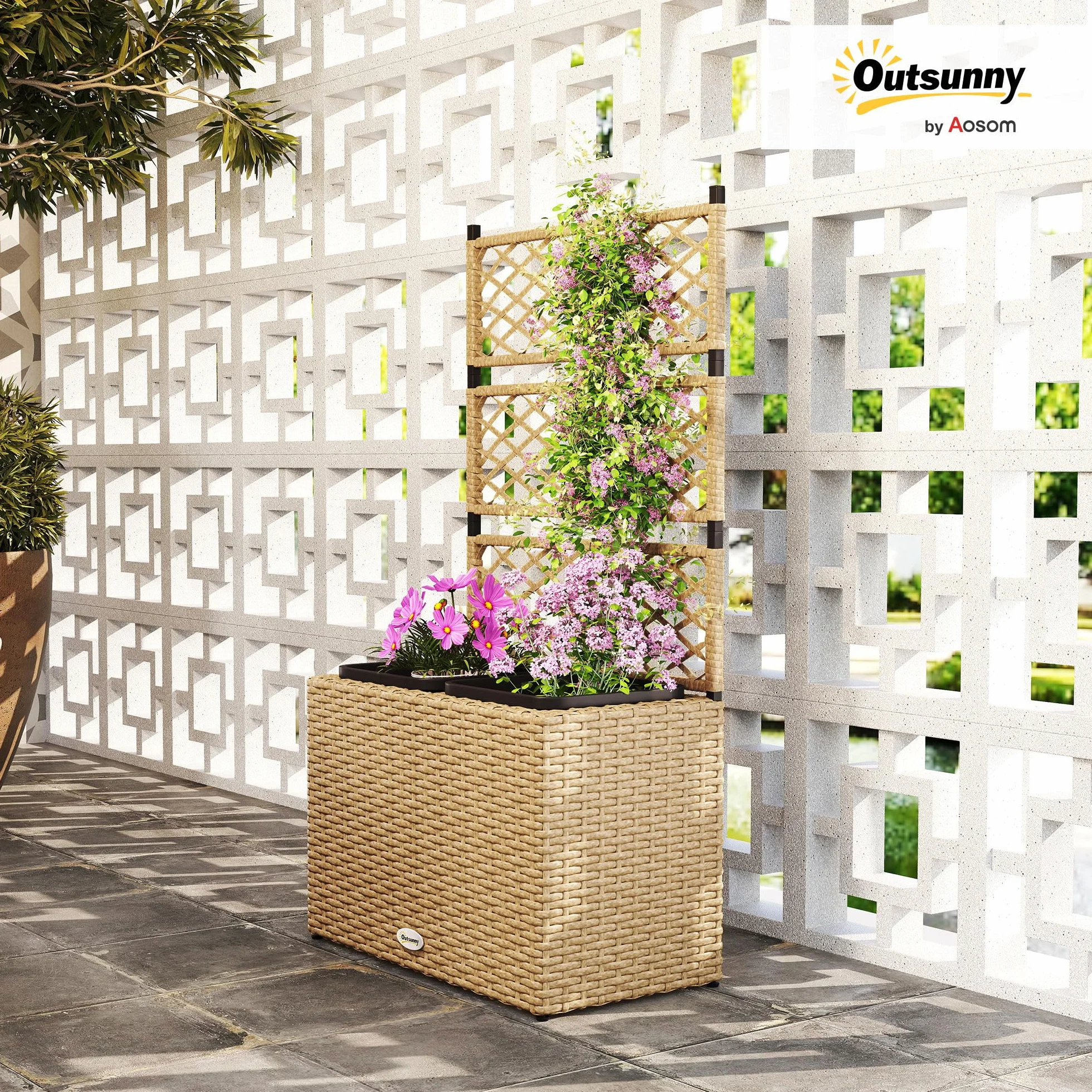 Outsunny Jardinière pour Plantes avec Treillis 2 Pots, 22L, Résine Tressée et Acier, 57 x 30 x 107 cm, Sable
