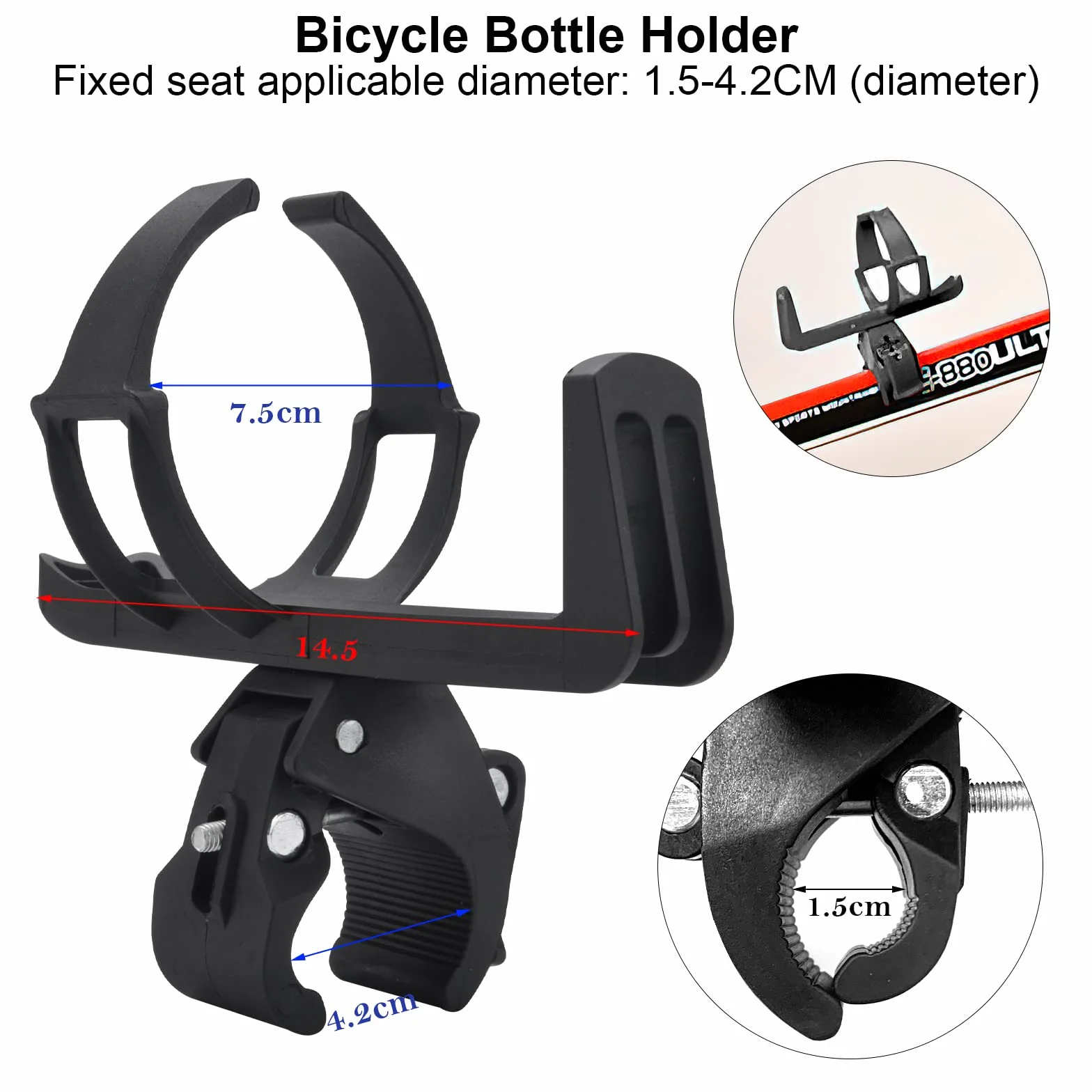 Porte-bouteille pour vélo, super léger, en forme de bouteille, compatible diamètre de tube 1,5 à 4,2 cm, VTT et vélo de route