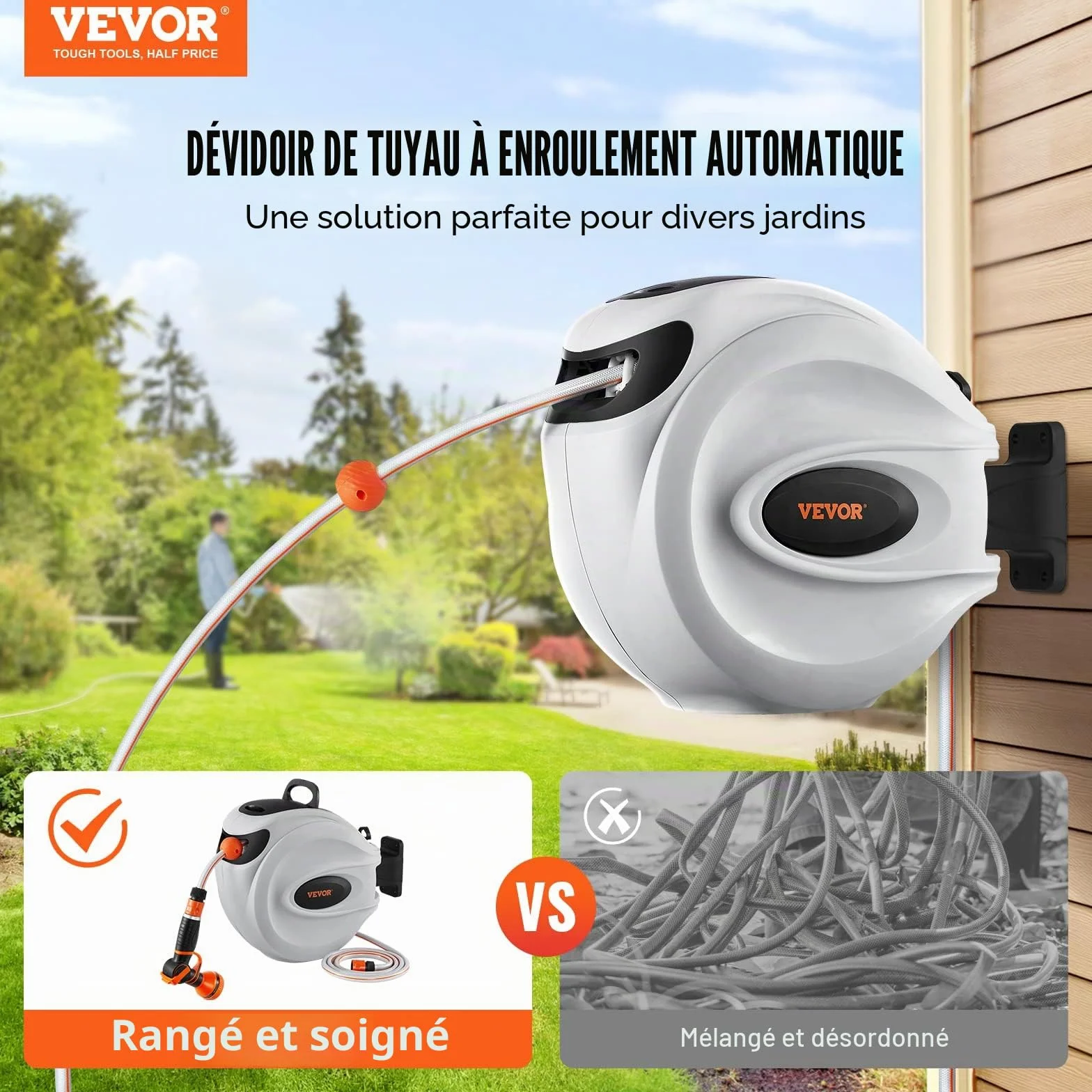 VEVOR Enrouleur Tuyau Arrosage Mural 20 m x 12 mm Support Pivotant 180° Dévidoir Tuyau Eau Buse 9 Modèles Rembobinage Auto