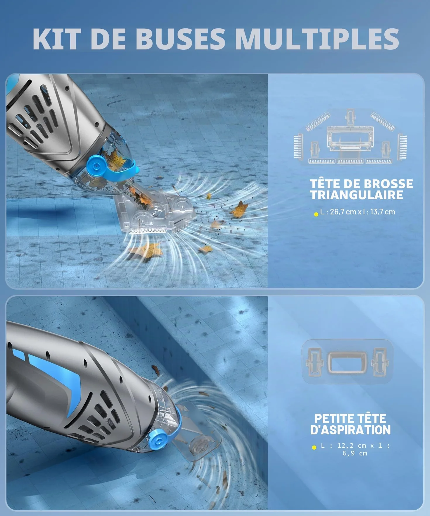 Aspirateur Piscine sans Fil 26,5 GPM IPX8 Balai Rechargeable avec 2 Têtes et 4 Sacs Filtrants