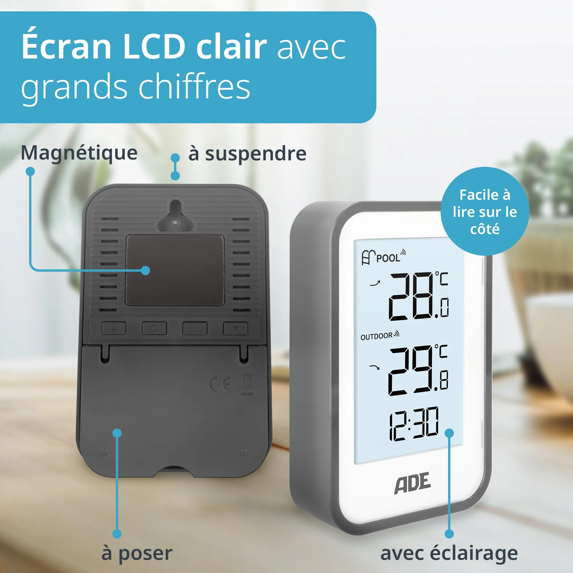 ADE Thermomètre piscine sans fil étanche IP67 avec capteur extérieur température eau air
